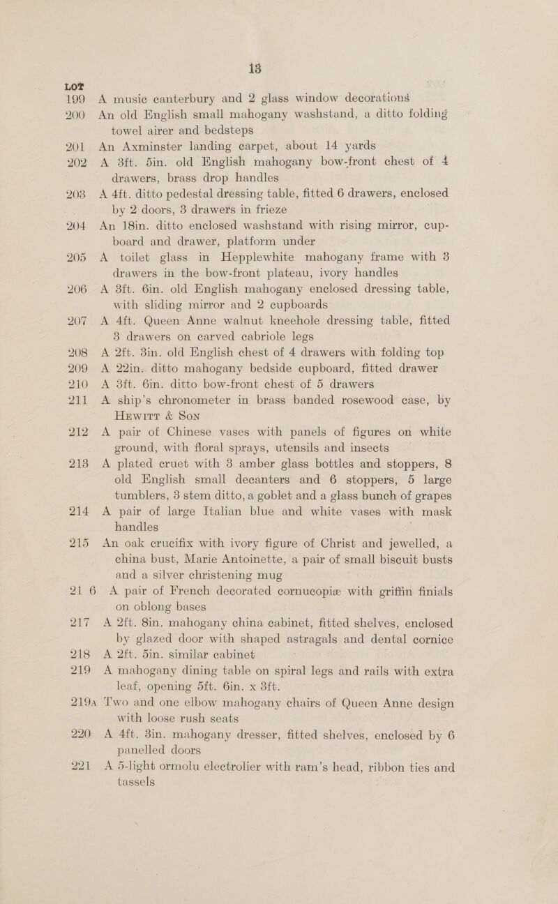 LOT | 199 A music canterbury and 2 glass window decorations 200 An old English small mahogany washstand, a ditto folding towel airer and bedsteps 201 An Axminster landing carpet, about 14 yards 202 A 8ft. 5in. old English mahogany bow-front chest of 4 drawers, brass drop handles 203 A 4ft. ditto pedestal dressing table, fitted 6 drawers, enclosed by 2 doors, 3 drawers in frieze 204 An 18in. ditto enclosed washstand with rising mirror, cup- board and drawer, platform under 205 A toilet glass in Hepplewhite mahogany frame with 3 drawers in the bow-front plateau, ivory handles 206 A aft. 6in. old English mahogany enclosed dressing table, with sliding mirror and 2 cupboards 2907 A 4ft. Queen Anne walnut kneehole dressing table, fitted 83 drawers on carved cabriole legs 208 A 2ft. 38in. old English chest of 4 drawers with folding top 209 A 22in. ditto mahogany bedside cupboard, fitted drawer 210 <A 8ft. 6in. ditto bow-front chest of 5 drawers 211 A ship’s chronometer in brass banded rosewood case, by Hewitt &amp; Son | 7 212 A pair of Chinese vases with panels of figures on white . ground, with floral sprays, utensils and insects 213 A plated cruet with 3 amber glass bottles and stoppers, 8 old English small decanters and 6 stoppers, 5 large tumblers, 3 stem ditto, a goblet and a glass bunch of grapes 214 A pair of large Italian blue and white vases with mask handles 215 An oak crucifix with ivory figure of Christ and jewelled, a china bust, Marie Antoinette, a pair of small biscuit busts and a silver christening mug 21 6 A pair of French decorated cornucopie with griffin finials on oblong bases 217 A 2ft. 8in. mahogany china cabinet, fitted shelves, enclosed by glazed door with shaped astragals and dental cornice 218 A 2ft. din. similar cabinet 219 A mahogany dining table on spiral legs and rails with extra leaf, opening 5ft. 6in. x 3ft. 219 Two and one elbow mahogany chairs of Queen Anne design with loose rush seats | 220 A 4ft. 38in. mahogany dresser, fitted shelves, enclosed by 6 panelled doors 221 <A 5-lght ormolu electrolier with ram’s head, ribbon ties and tassels