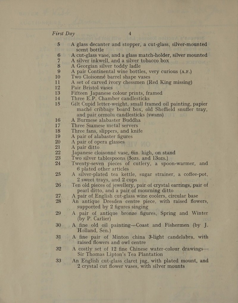 32 33 A glass decanter and stopper, a cut-glass, silver-mounted scent bottle A cut-glass vase, and a glass match-holder, silver mounted A silver inkwell, and a silver tobacco box A Georgian silver toddy ladle | A pair Continental wine bottles, very curious (A.F.) Two Cloisonné barrel shape vases A set of carved ivory chessmen (Red King missing) Pair Bristol vases Fifteen Japanese colour prints, framed Three E.P. Chamber candlesticks Gilt Cupid letter-weight, small framed oil painting, papier maché cribbage board box, old Sheffield snuffer tray, and pair ormolu candlesticks (swans) A Burmese alabaster Buddha Three Siamese metal servers Three fans, slippers, and knife A pair of alabaster figures A pair of opera glasses A pair ditto Japanese cloisonné vase, 6in. high, on stand Two silver tablespoons (5ozs. and 13o0zs.) Twenty-seven pieces of cutlery, a spoon-warmer, and 6 plated other articles A silver-plated tea kettle, sugar strainer, a coffee-pot, 2 sweet trays, and 2 cups Ten old pieces of jewellery, pair of crystal earrings, ‘pair of pearl ditto, and a pair of mourning ditto A pair of English cut-glass wine coolers, circular base An antique Dresden centre piece, with raised flowers, supported by 2 figures singing A pair of antique bronze figures, Spring and Winter (by P. Carlier) Holland, Sen.) raised flowers and owl centre A costly set of 12 fine Chinese water-colour drawings— Sir Thomas Lipton’s Tea Plantation _ An English cut-glass claret jug, with plated mount, and 2 crystal cut flower vases, with silver mounts