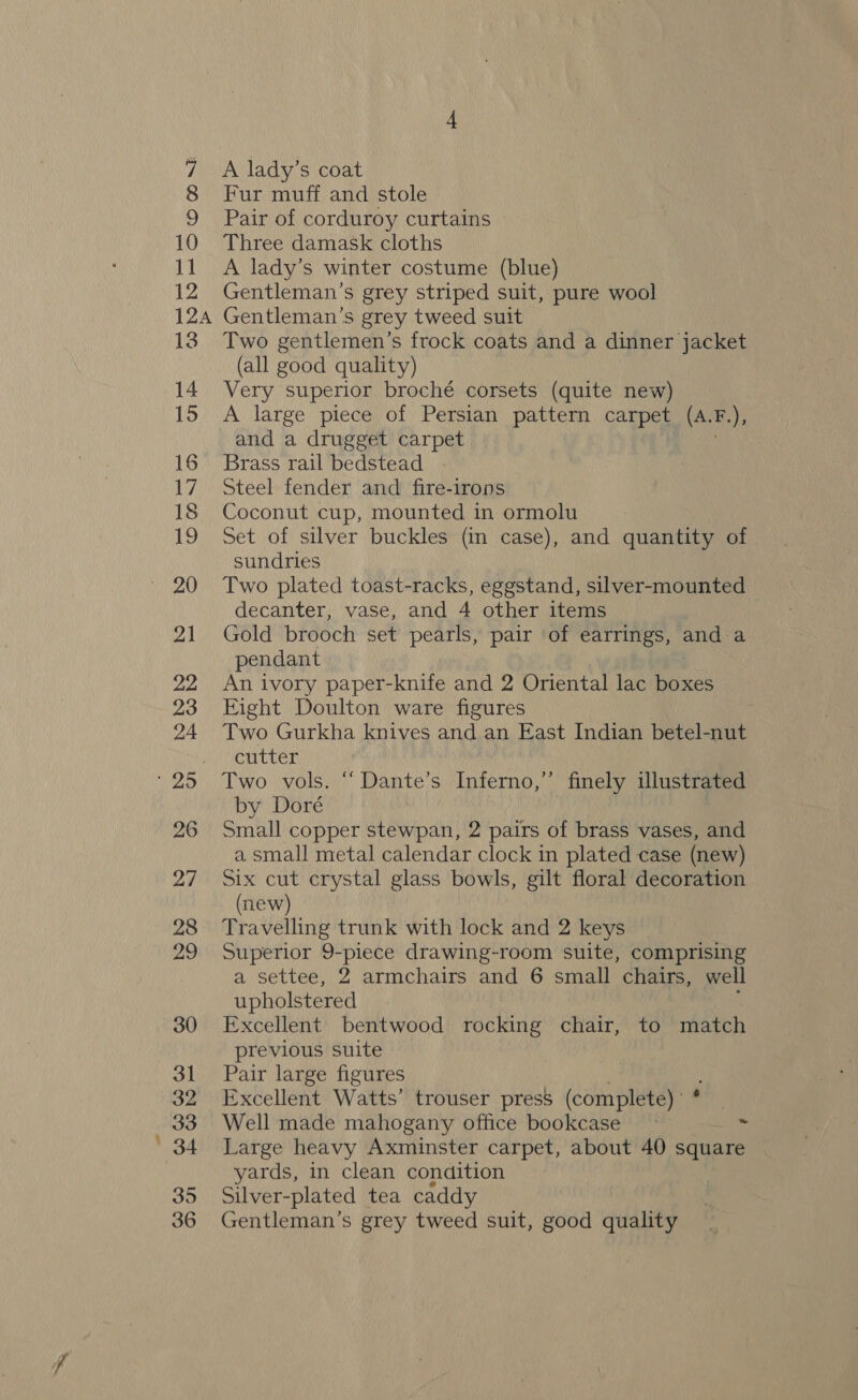 35 A lady’s coat Fur muff and stole Pair of corduroy curtains Three damask cloths A lady’s winter costume (blue) Gentleman’s grey striped suit, pure wool Gentleman’s grey tweed suit Two gentlemen’s frock coats and a dinner jacket (all good quality) Very superior broché corsets (quite new) A large piece of Persian pattern carpet (A.F.), and a drugget carpet Brass rail bedstead Steel fender and fire-irons Coconut cup, mounted in ormolu Set of silver buckles (in case), and quantity of sundries Two plated toast-racks, eggstand, silver-mounted decanter, vase, and 4 other items Gold brooch set pearls, pair of earrings, and a pendant Eight Doulton ware figures Two Gurkha knives and an East Indian betel-nut cutter by Doré Small copper stewpan, 2 pairs of brass vases, and a small metal calendar clock in plated case (new) Six cut crystal glass bowls, gilt floral decoration (new) Travelling trunk with lock and 2 keys Superior 9-piece drawing-room suite, comprising a settee, 2 armchairs and 6 small chairs, well upholstered Excellent bentwood rocking chair, to match previous suite Pair large figures Excellent Watts’ trouser press (complete) ' Well made mahogany office bookcase ~ c Large heavy Axminster carpet, about 40 square yards, in clean condition Silver-plated tea caddy Gentleman’s grey tweed suit, good quality