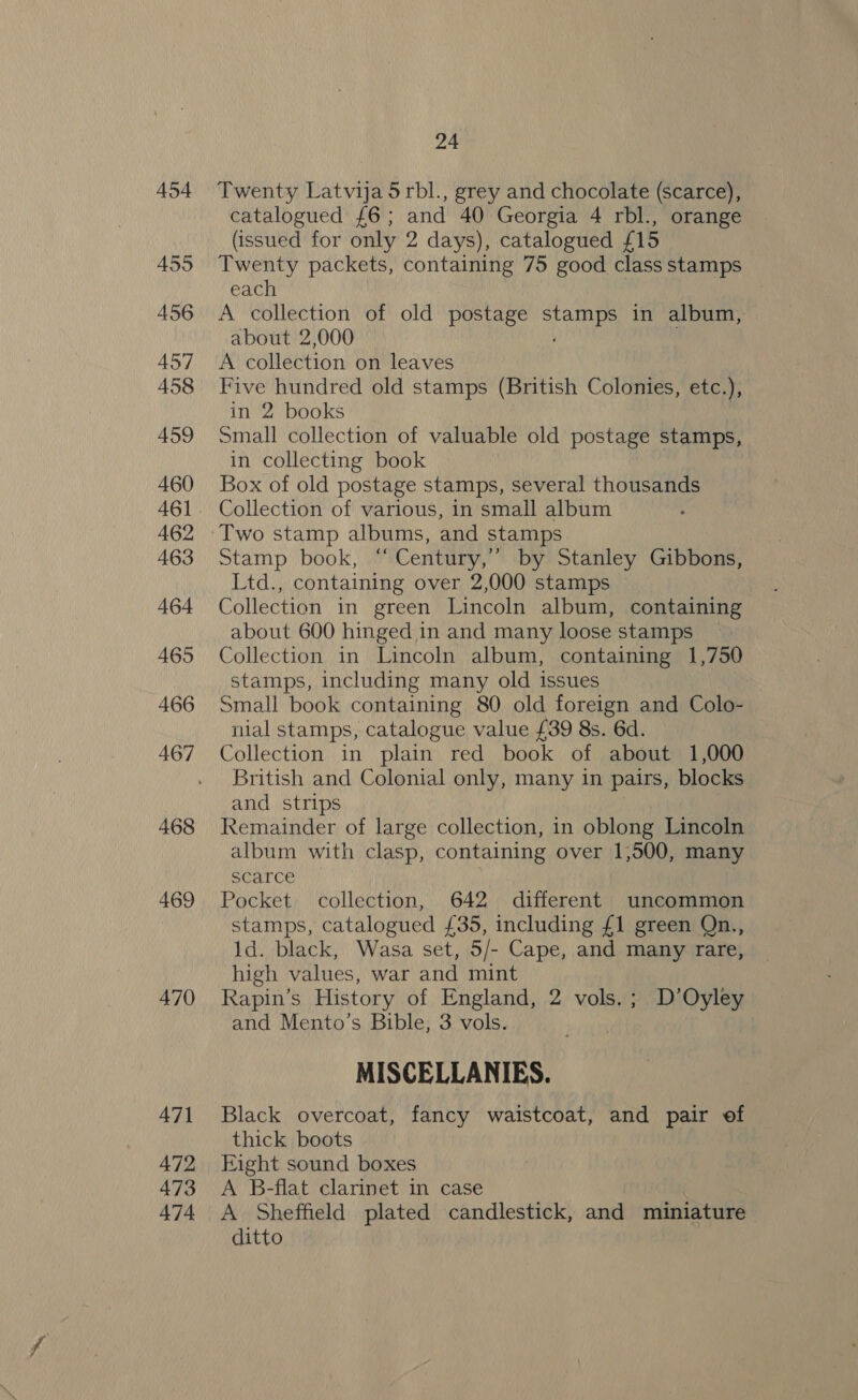 454 455 456 457 458 459 460 462 463 464 465 466 468 469 470 471 472 473 474 24 Twenty Latvija 5 rbl., grey and chocolate (scarce), catalogued £6; and 40 Georgia 4 rbl., orange (issued for only 2 days), catalogued £15 Twenty packets, containing 75 good class stamps each A collection of old postage emi in album, about 2,000 A collection on leaves Five hundred old stamps (British Colonies, etc.), in 2 books Small collection of valuable old postage stamps, in collecting book Box of old postage stamps, several thousands Collection of various, in small album Two stamp albums, and stamps Stamp book, “Century,” by Stanley Gibbons, Ltd., containing over 2,000 stamps Collection in green Lincoln album, containing about 600 hinged in and many loose stamps Collection in Lincoln album, containing 1,750 stamps, including many old issues Small book containing 80 old foreign and Colo- nial stamps, catalogue value £39 8s. 6d. Collection in plain red book of about 1,000 British and Colonial only, many in pairs, blocks and strips Remainder of large collection, in oblong Lincoln album with clasp, containing over 1,500, many scarce | Pocket collection, 642 different uncommon stamps, catalogued £35, including £1 green Qn., 1d. black, Wasa set, 5/- Cape, and many rare, high values, war and mint Rapin’s History of England, 2 vols. ; D’Oyley and Mento’s Bible, 3 vols. MISCELLANIES. Black overcoat, fancy waistcoat, and pair of thick boots Eight sound boxes A B-flat clarinet in case A Sheffield plated candlestick, and miniature ditto