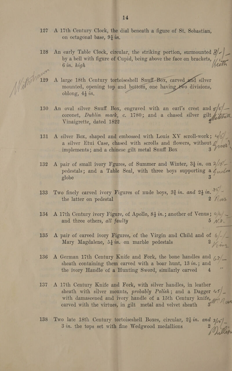 127 128 130 131 132 133 135 136 138 14 A 17th Century Clock, the dial beneath a figure of St. Sebastian, on octagonal base, 94 1n. An early Table Clock, circular, the striking portion, surmounted y-|_ by a bell with faire of Pupid, being above the face on brackets, 6 in. high ‘/ ute A large 18th Century tortoiseshell Snuff-Box, carved d silver mounted, opening top ye bottom, one having AWo divisions, oblong, 44 i. be &gt; An oval silver Snuff Box, engraved with an earl’s crest and s f— coronet, Dublin mark, c. 1780; and a chased silver gilt fe yome Vinaigrette, dated 1822 A silver Box, shaped and embossed with Louis XV scroll-work ; a silver Etui Case, chased with scrolls and flowers, ano LZ, ety and a chinese gilt metal Snuff Box 3 / 2) odd A pair of small ivory Fgures, of Summer and Winter, 341m. on a/ig/— | pedestals; and a Table Seal, with three boys supporting 2 F vel globe Two finely carved ivory Figures of nude boys, 3$in. and 24m. aid. the latter on pedestal 2 Kicxs A 17th Century ivory Figure, of Aphile, 84 im.; another of Venus; 4 &amp;/__ and three others, all faulty 5 WS, ———————— A pair of carved ivory Figures, of the Virgin and Child and of 6/- Mary Magdalene, 541m. on marble pedestals — } ‘ pe A German 17th Century Knife and Fork, the bone handles and ¢ 3/_ sheath containing them carved with a boar hunt, 13 im.; and the ivory Handle of a Hunting Sword, similarly carved 4 © A 17th Century Knife and Fork, with silver handles, in leather sheath with silver mounts, probably Polish; and a Dagger 45, ip with damascened and ivory handle of a 15th Century maa MW Nie carved with the virtues, in gilt metal and velvet sheath Two late 18th Century tortoiseshell Boxes, circular, 2$im. and Sys) 3 in. the tops set with fine Wedgwood medallions 2 0) { iD