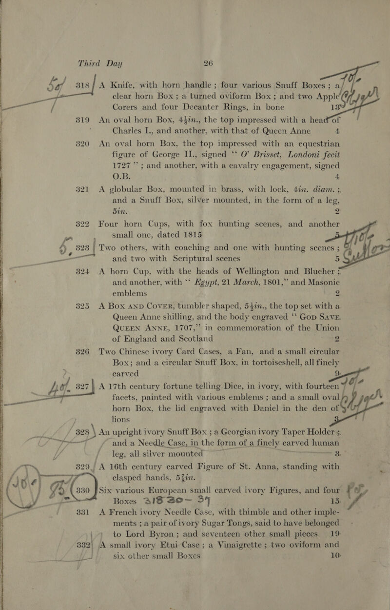   A Knife, with horn handle ; four various Snuff Boxes; a clear horn Box ; a turned oviform Box ; and two Apple oly Z Third Day 26 | Corers and four Decanter Rings, in bone  319 An oval horn Box, 4}$in., the top impressed with a hea at i ; Charles I., and another, with that of Queen Anne 4 320 An oval horn Box, the top impressed with an equestrian | figure of George II., signed *‘ O’ Brisset, Londoni fecit 1727” ; and another, with a cavalry engagement, signed O.B. 4 321 A globular Box, mounted in brass, with lock, 4%. diam. ;. and a Snuff Box, silver mounted, in the form of a leg, 5in. 2 322 Four horn Cups, with fox hunting scenes, and another small one, dated 1815 Sea 323 | I Two others, with coaching and one with hunting scenes ; o. je J and two with Scriptural scenes 5 Sy      324 A horn Cup, with the heads of Wellington and Blucher ; ' and another, with ‘* Egypt, 21 March, 1801,” and Masonic emblems 2 3825 A Box anp Cover, tumbler shaped, 542n., the top set with a Queen Anne shilling, and the body engraved ‘* Gop Saver. QUEEN ANNE, 1707,” in commemoration of the Union of England and Scotland 2 326 Two Chinese ivory Card Cases, a Fan, and a small circular Box; and a circular Snuff Box, in tortoiseshell, all finely carved . 9, _ A 17th century fortune telling Dice, in ivory, with fourteen” ‘8 facets, painted with various emblems ; and a small oval) horn Box, the lid engraved with Daniel in the den of     lions Ot 328 \ An upright ivory Snuff Box ; a Georgian ivory Taper Holder ;. WY oF ase and a Needle Case, in the form of a finely carved human | leg, all silver mounted ~~ einer c= 329. A 16th century carved Figure of St. Anna, standing with RR, clasped hands, 547n. fyi : ° : : ; i 330 PSix various European small carved ivory Figures, and four f yy Boxes BIS BO~ 37 15. 331 A French ivory Needle Case, with thimble and other imple- ments ; a pair of ivory Sugar Tongs, said to have belonged to Lord Byron; and seventeen other small pieces 19: six other small Boxes 10  as