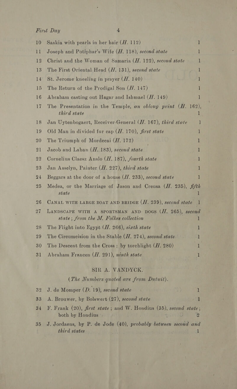 10 uh 12 Saskia with pearls in her hair (7. 112) 1 Joseph and Potiphar’s Wife (77. 118), second state 1] Christ and the Woman of Samaria (7. 122), second state 1 The First Oriental Head (7/7. 131), second state Pe. | St. Jerome kneeling in prayer (Hf. 140) ] The Return of the Prodigal Son (7. 147) 1 Abraham casting out Hagar and Ishmael (77. 149) ] ) 1 The Presentation in the Temple, an oblong print (H. 162 third state Jan Uytenbogaert, Receiver-General (H. 167), third state ] Old Man in divided fur cap (H. 170), first state 1 The Triumph of Mordecai (ZH. 172) 1 Jacob and Laban (H..183), second state 1 Cornelius Claesz Anslo (7. 187), fourth state ] Jan Asselyn, Painter (H. 227), third state ] Beggars at the door of a house (//. 233), second state l Medea, or the Marriage of Jason and Creusa (H. 235), fifth state 1 CANAL WITH LARGE BOAT AND BRIDGE (H7. 239), second state 1 LANDSCAPE WITH A SPORTSMAN AND DOGS (HZ. 265), second state; from the M. Folkes collection 1 The Flight into Egypt (77. 266), siath state The Circumcision in the Stable (7. 274), second state. The Descent from the Cross : by torchlight (47. 280) Abraham Francen (77. 291), ninth state me eed SIR A. VANDYCK. (The Numbers quoted are from Dututt). J. de Momper (D. 19), second state 1 A. Brouwer, by Bolswert (27), second state 1 F. Frank (20), first state; and W. Hondius (35), second state ; both by Hondius °. | Nateares ¢ 2 J. Jordaens, by P. de Jode (40), probably between second and third states ah) r 1