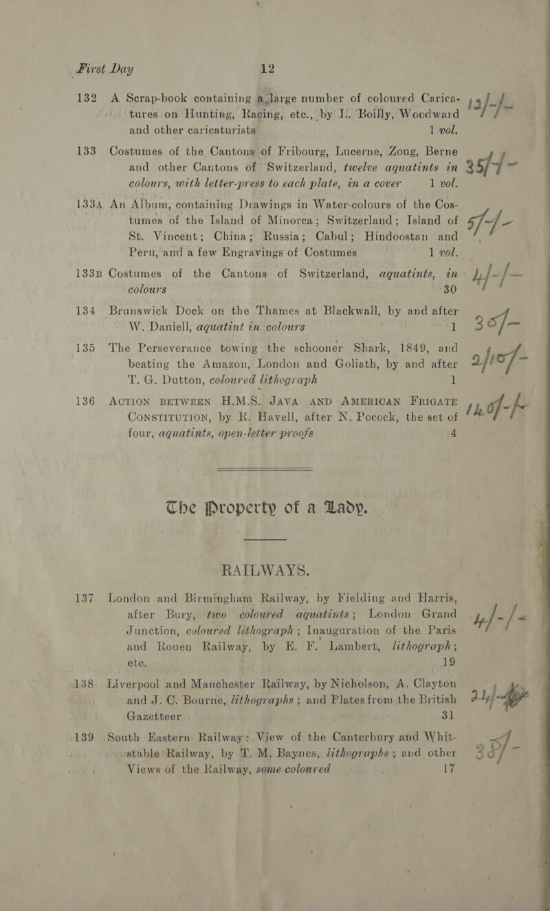 132 A Scrap-book containing a.Jarge number of coloured Carica- tures on Hunting, Racing, ete., by L. Boilly, Woodward and other caricaturists 1 vol, 133 Costumes of the Cantons of Fribourg, Lucerne, Zoug, Berne and other Cantons of Switzerland, twelve aquatints in colours, with letter-press to each plate, in a cover 1 vol. , [33a An Albure, containing Drawings in Water-colours of the Cos- tumes of the Island of Minorca; Switzerland; Island of St. Vincent; China; Russia; Caper Hindoostan and Peru, ‘and a few Engravings of Costumes 1 vol. -133B Costumes of the Cantons of Switzerland, aguatints, in 134 Brunswick Dock on the Thames at Blackwall, by and after W. Daniell, aguatint in colours ‘ 135 The Perseverance towing the schooner Shark, 1849, and beating the Amazon, London and Goliath, by and after T. G. Dutton, coloured lithograph 1 136 ACTION BETWEEN H.M.S. JAVA AND AMERICAN FRIGATE CONSTITUTION, by R. Havell, after N. Pocock, the set of four, aquatints, open-letter proofs 4  The Property of a Lady. RAILWAYS. 137 London and Birmingham Railway, by Fielding and Harris, after Bury, two coloured aquatints; London Grand Junction, coloured lithograph ; Inauguration of the Paris and Rouen Railway, by EH. F. Lambert, lithograph ; ete. 19 138: ii vervau ae Manbhasher A ae ie Mibhilacns A; Clayton and J.C. Bourne, Lithographs ; and Plates from the British Gazetteer ee! 139 .South Eastern Railway:. View of the Canterbury and Whit- stable Railway, by T. M. Baynes, lithographs ; and other Views of the Railway, some coloured . is 17 12/~)~ 35/1 -  — =