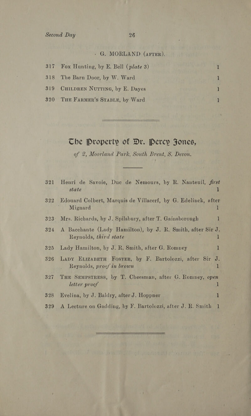 : G. MORLAND (after). Fox Hunting, by E. Bell (plate 3) 1 The Barn Door, by W. Ward 1 CHILDREN NUTTING, by E. Dayes 1 THE FARMER’S STABLE, by Ward I  Che Property of Dr. Percy Jones, of 2, Moorland Park, South Brent, S. Devon. Henri de Savoie, Due de Nemours, by R. Nanteuil, first state 1 Edouard Colbert, Marquis de Villacerf, by G. Edelinck, after Mignard 1 Mrs. Richards, by J. Spilsbury, after T. Gainsborough 1 A Bacchante (Lady Hamilton), by J. R. Smith, after Sir J. Reynolds, third state 1 Lady Hamilton, by J. R. Smith, after G. Romney 1 Lapy ELizaABETH FostEerR, by F. Bartolozzi, after Sir J. Reynolds, proof in brown 1 THE SEMPSTRESS, by T. Ohacemprreatta: G. Romney, open letter proof i Evelina, by J. Baldry, after J. Hoppner 1 A Lecture on Gadding, by F. Bartolozzi, after J. R. Smith 1