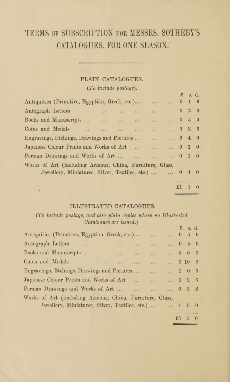 TERMS or SUBSCRIPTION For MESSRS. SOTHEBY'S CATALOGUES, FOR ONE SEASON.  PLAIN CATALOGUES. (To include postage). TT! Antiquities (Primitive, Egyptian, Greek, etc.)... Autograph Letters ; Books and Manuscripts ... Coins and Medals Engravings, Htchings, Drawings and Pictures ... Japanese Colour Prints and Works of Art ecoogcg oo eo oe Hoe RW om wee SOO AO CO oo Persian Drawings and Works of Art ... Works of Art (including Armour, China, Furniture, Glass, Jewellery, Miniatures, Silver, Textiles, etc.) ... get ADS SO ILLUSTRATED CATALOGUES. (T'o include postage, and also plain copies where no Illustrated Catalogues are issued.) Tha Antiquities (Primitive, Egyptian, Greek, etc.)... Autograph Letters Books and Manuscripts ... Coins and Medals Engravings, Etchings, Drawings and Pictures ... Japanese Colour Prints and Works of Art So ep ee S S &amp; es oO A DO oooof Persian Drawings and Works of Art ... Works of Art (including Armour, China, Furniture, Glass, Tewellery, Miniatures, Silver, Textiles, etc.) ... cme Si ae  