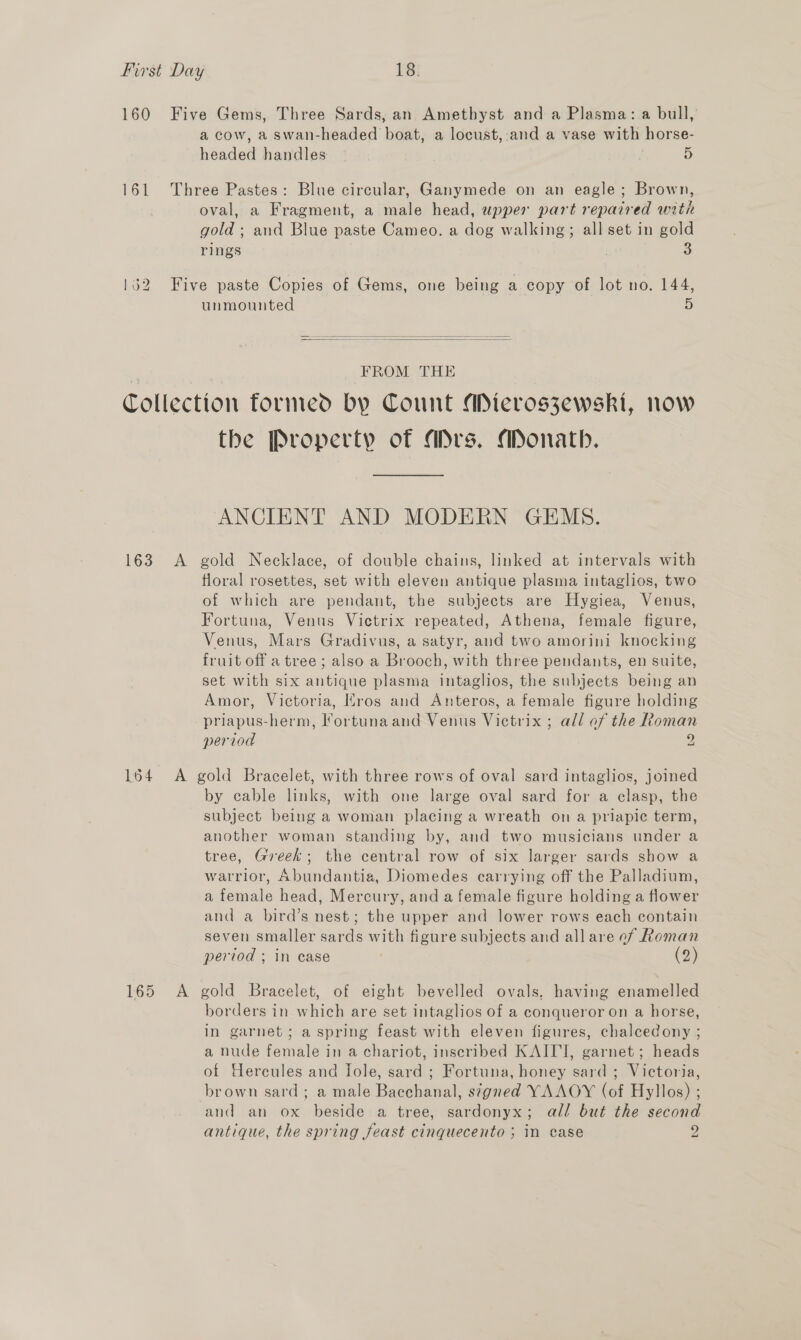 160 Five Gems, Three Sards, an Amethyst and a Plasma: a bull, a cow, a swan-headed boat, a locust,:and a vase with horse- headed handles 5 161 Three Pastes: Blue circular, Ganymede on an eagle; Brown, oval, a Fragment, a male head, upper part repaired with gold ; and Blue paste Cameo. a dog walking; all set in gold rings . 3 132 Five paste Copies of Gems, one being a copy of lot no. 144, unmounted 5   7 | FROM THE Collection formed by Count AMieroszewski, now the Property of Ars. Monath. ANCIENT AND MODERN GEMS. 163 A gold Necklace, of double chains, linked at intervals with floral rosettes, set with eleven antique plasma intaglios, two of which are pendant, the subjects are Hygiea, Venus, Fortuna, Venus Victrix repeated, Athena, female figure, Venus, Mars Gradivus, a satyr, and two amorini knocking fruit off a tree; also a Brooch, with three pendants, en suite, set with six antique plasma intaglios, the subjects being an Amor, Victoria, Hros and Anteros, a female figure holding priapus-herm, Fortunaand Venus Victrix ; all of the Roman period 2 164 A gold Bracelet, with three rows of oval sard intaglios, joined by cable links, with one large oval sard for a clasp, the subject being a woman placing a wreath on a priapic term, another woman standing by, and two musicians under a tree, Greek; the central row of six larger sards show a warrior, Abundantia, Diomedes carrying off the Palladium, a female head, Mercury, and a female figure holding a flower and a bird’s nest; the upper and lower rows each contain seven smaller sards with figure subjects and allare ef Roman period ; in case (2) 165 A gold Bracelet, of eight bevelled ovals, having enamelled borders in which are set intaglios of a conqueror on a horse, in garnet; a spring feast with eleven figures, chalcedony ; a nude female in a chariot, inscribed KAITI, garnet; heads of Hercules and lole, sard ; Fortuna, honey sard ; Victoria, brown sard ; a male Bacchanal, s¢gned YAAOY (of Hyllos) ; and an ox beside a tree, sardonyx; all but the second antique, the spring feast cinquecento ; in case 2