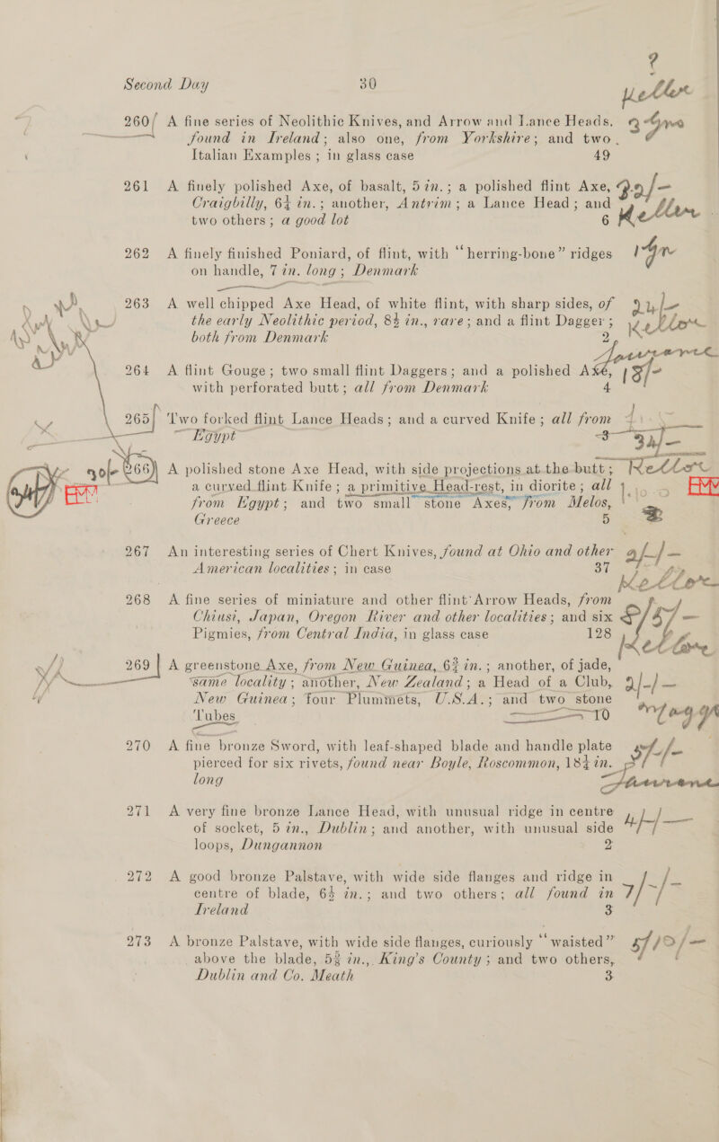  270 272 273 A fine series of Neolithic Knives, and Arrow and Lance Heads, 39m Found in Ireland; also one, from Yorkshire; and two, / Italian Examples ; in glass case 49 A finely polished Axe, of basalt, 522.; a polished flint Axe, ® Craigbilly, 64 in.; another, Antrim; a Lance Head; and TU two others; a good lot A finely finished Poniard, of flint, with ““herring-bone” ridges Gre on handle, 7 in. long; Denmark ei a or ’ A. well chipped Axe Head, of white flint, with sharp sides, of ou io the early Neolithic period, 8% in., rare; and a flint Dagger ; é 0 f both from Denmark 2 IK Po ee A flint Gouge; two small flint Daggers; and a polished se with perforated butt; all from Denmark 34} — STEAK A polished stone Axe Head, with side pr ojections at.the butt ; > Re a curved flint Knife; a primitive. Head-rest, in diorite ; all lio-o Ey from Lgypt; and As small stone Axes” from Melos, Greece 5 An interesting series of Chert Knives, found at Ohio and other American localities ; in case 37 A fine series of miniature and other flint: Arrow Heads, fom Chiusi, Japan, Oregon River and other localities; and six Pigmies, from Central India, in glass case 128 | A greenstone Axe, from New. Guinea, 6% in.; another, of jade, same locality « another, New Zealand: a Tied of a Club, New Guinea; four Plummets, USA, ; and two. stone ‘Tubes. ————_10 Oi a ae  A fine Wome Sword, with leaf-shaped blade and handle plate pierced for six rivers. found near Boyle, Roscommon, 184 in. long “Jao A very fine bronze Lance Head, with unusual ridge in centre JH] of socket, 5 2n., Dublin; and another, with unusual ae loops, Dengue  A good bronze Palstave, — wide side flanges and ridge in centre of blade, 64 in.; and two others; all found a mi oF Ireland A bronze Palstave, with wide side flanges, curiously ~ eile i hia fom