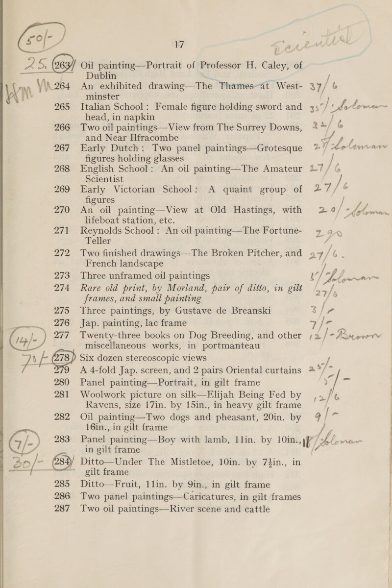  265 266 267 268 269 270 271 2/2 273 274 2795 276 7 PT 280 281 282 283 285 286 287 Dublin An exhibited drawing ~The Thames~at West- minster Italian School: Female figure holding sword and head, in napkin Two oil paintings—View from The Surrey Downs, and Near Ilfracombe Early Dutch: Two panel paintings—Grotesque figures holding glasses English School: An oil painting—The Amateur Scientist Early Victorian School: A quaint group of figures An oil painting—View at Old Hastings, with lifeboat station, etc. Reynolds School: An oil painting—The Fortune- Teller Two finished drawings—-The Broken Pitcher, and French landscape Three unframed oil paintings Rare old print, by Morland, pair of ditto, in gilt frames, and small painting Three paintings, by Gustave de Breanski Jap. painting, lacframe _ Twenty-three books on Dog Breeding, and other miscellaneous works, in portmanteau Six dozen stereoscopic views A 4-fold Jap. screen, and 2 pairs Oriental curtains Panel painting—Portrait, in gilt frame Woolwork picture on silk—FElijah Being Fed by Ravens, size 17in. by 15in., in heavy gilt frame Oil painting—Two dogs and pheasant, 20in. by 16in., in gilt frame f 37 j Ps Ff She. Lke vo ae 33/ Aot / 4 22/ 6 DY oho eer ae a f F 1s 23/¢ / } / f 2 > if ef a O/ + fae ae in gilt frame Ditto—Under The Mistletoe, 10in. by 7#in., in gilt frame Ditto—Fruit, 1lin. by 9in., in gilt frame Iwo panel paintings—Caricatures, in gilt frames Two oil paintings—River scene and cattle