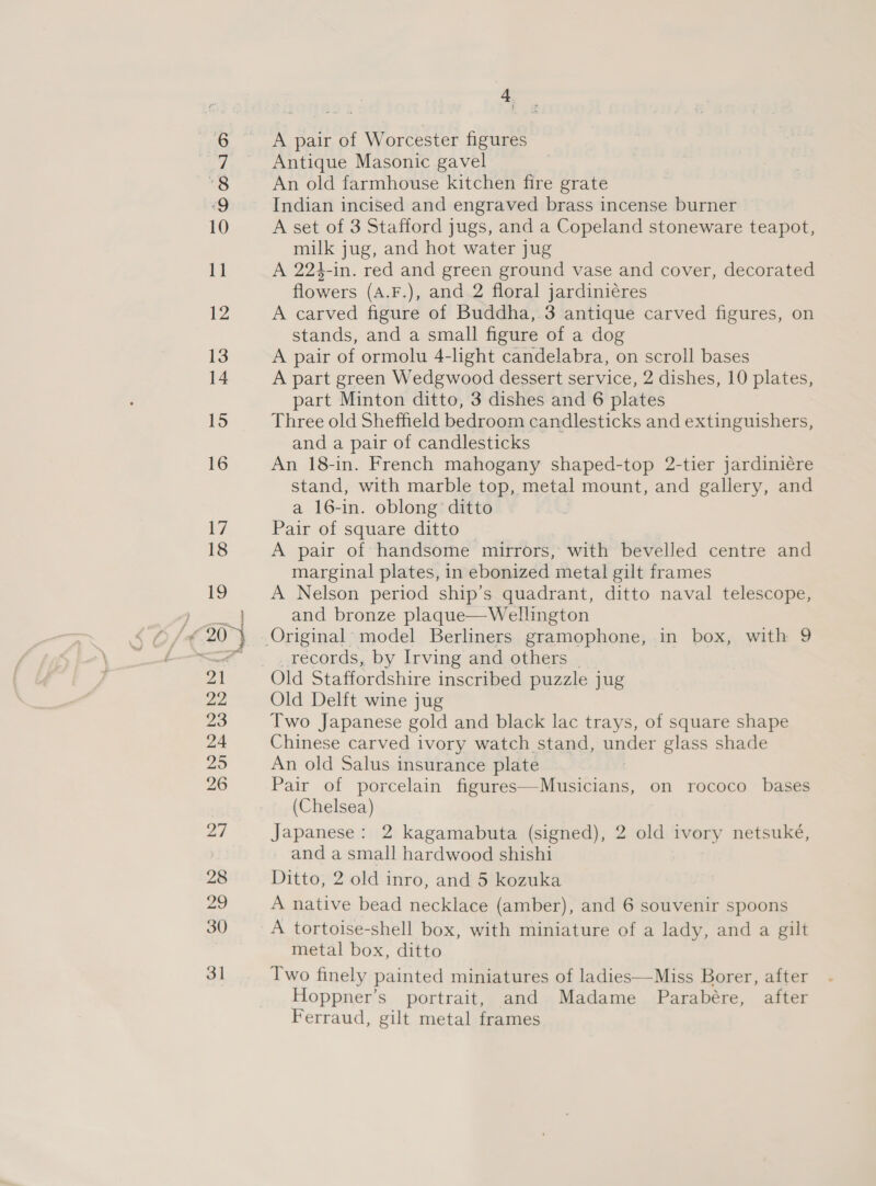SOnMDND A pair of Worcester figures Antique Masonic gavel An old farmhouse kitchen fire grate Indian incised and engraved brass incense burner A set of 3 Stafford jugs, and a Copeland stoneware teapot, milk jug, and hot water jug A 224-in. red and green ground vase and cover, decorated flowers (A.F.), and 2 floral jardiniéres A carved figure of Buddha, 3 antique carved figures, on stands, and a small figure of a dog A pair of ormolu 4-light candelabra, on scroll bases A part green Wedgwood dessert service, 2 dishes, 10 plates, part Minton ditto, 3 dishes and 6 plates Three old Sheffield bedroom candlesticks and extinguishers, and a pair of candlesticks An 18-in. French mahogany shaped-top 2-tier jardiniére stand, with marble top, metal mount, and gallery, and a 16-in. oblong’ ditto Pair of square ditto | A pair of handsome mirrors, with bevelled centre and marginal plates, in ebonized metal gilt frames A Nelson period ship’s quadrant, ditto naval telescope, and bronze plaque—Wellington _records, by Irving and others | Old Staffordshire inscribed puzzle jug Old Delft wine jug Two Japanese gold and black lac trays, of square shape Chinese carved ivory watch stand, cue glass shade An old Salus insurance plate Pair of porcelain Genie Manns, on rococo bases (Chelsea) Japanese: 2 kagamabuta (signed), 2 old ivory netsuké, and a small hardwood shishi | Ditto, 2 old inro, and 5 kozuka A native bead necklace (amber), and 6 souvenir spoons A tortoise-shell box, with miniature of a lady, and a gilt metal box, ditto Two finely painted miniatures of ladies—Miss Borer, after Hoppner’s portrait, and Madame Parabére, after Ferraud, gilt metal frames