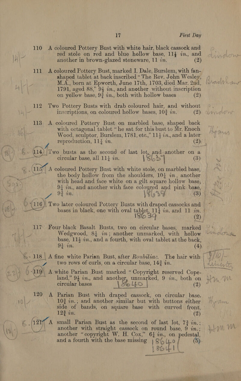 f \ Oe ee 110 A coloured Pottery Bust with white hair, black cassock and red stole on red and blue hollow base, 114 in., and another in brown-glazed stoneware, 11 in. (2) M.A., born at Epworth, June 17th, 1703, died Mar. 2nd, |r 1791, aged 88,” i: in., and another without inscription on yello W base, 9? in., both with hollow bases (2) inscriptions, on coloured hollow bases, 102 an. (2) with octagonal tablet “he sat for this bust to Mr. Enoch Wood, sculptor, Burslem, 1781, etc.,” 114 7n., and a later reproduction, 114 in. (2) Bs 114) | ‘Two busts as the second of last lot, and-another on a oy circular base, all 114 7m. lS (3) Taf A coloured Pottery Bust with white stole, on marbled base, ~~ the body hollow from the shoulders, 10} an, another with head and face white on a gilt square hollow base, 94 im., and another with face coloured and pink base, bs 93 in. Vi (9 SS (3) 0 (116) Two later coloured Pottery Busts with draped cassocks and ~ — bases in black, one with oval Weetatyt wm. and 11 an. q (2) 117 Four black Basalt Busts, two on circular bases, marked Wedgwood, 84 i; another unmarked, with hollow base, 114 in., nd a fourth, with oval tablet at the back, Of UM. (4) een &gt; 118 | _A fine white Parian Bust, after Rowbiliac. The hair with Ly St DP two rows of curls, on a circular base, 143 an. La Aricent: 9) A white Parian Bust marked “Copyright reserved Cope- i, land,” 94 om., and another, unmarked, 9 in., both on 4}, 7/4! circular bases i, folLO_ (2) 120 A Parian Bust with draped cassock, on circular base, 102 im.; and another similar but with buttons either side of bands, on square base with curved front, 123 wn. e (ARYA small Parian Bust as the second of last lot, 72 in.;. | yy ) another with straight cassock on round base, 9 ins; | tet PL another “copyright W. H. Cox,” 6} in., on edestal, and a fourth with the base missing ie a 5 LL-0 i (5) she  eves