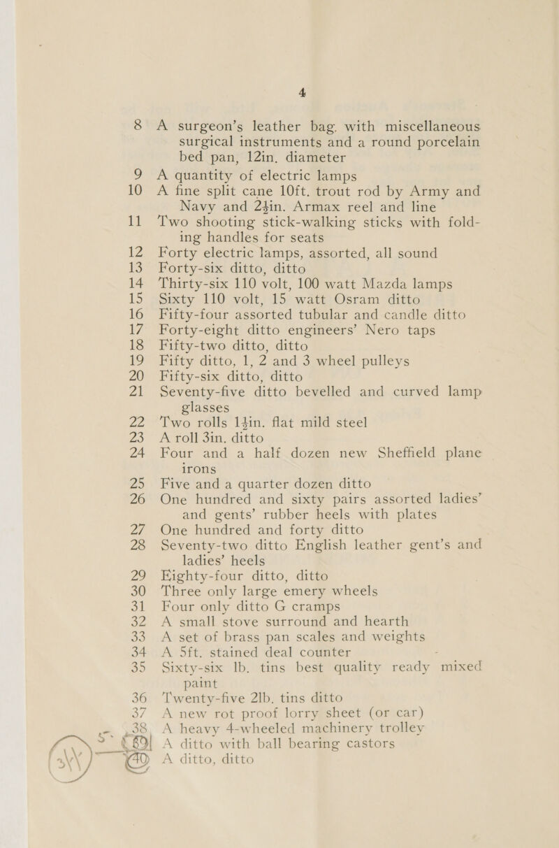 A surgeon’s leather bag, with miscellaneous surgical instruments and a round porcelain bed pan, 12in, diameter A quantity of electric lamps A fine split cane 10ft. trout rod by Army and Navy and 24in. Armax reel and line Two shooting stick-walking sticks with fold- ing handles for seats Forty electric lamps, assorted, all sound Forty-six ditto, ditto Thirty-six 110 volt, 100 watt Mazda lamps sixty 110 volt, 15 watt Osram ditto Fifty-four assorted tubular and candle ditto Forty-eight ditto engineers’ Nero taps Fifty-two ditto, ditto Fifty ditto, 1, 2 and 3 wheel pulleys Fifty-six ditto, ditto Seventy-five ditto bevelled and curved lamp glasses Two rolls 1din. flat mild steel A roll 3in. ee Four and a half dozen new Sheffield plane irons Five and a quarter dozen ditto One hundred and sixty pairs assorted ladies’ and gents’ rubber heels with plates One hundred and forty ditto Seventy-two ditto English leather gent’s and ladies’ heels Eighty-four ditto, ditto Three only large emery wheels Four only ditto G cramps A small stove surround and hearth A set of brass pan scales and weights A 5ft. stained deal counter Sixty-six Ib. tins best quality ready pitied paint Twenty-five 2lb. tins ditto A new rot proof lorry sheet (or car) « heavy 4-wheeled machinery trolley a with ball bearing castors ditto, ditto