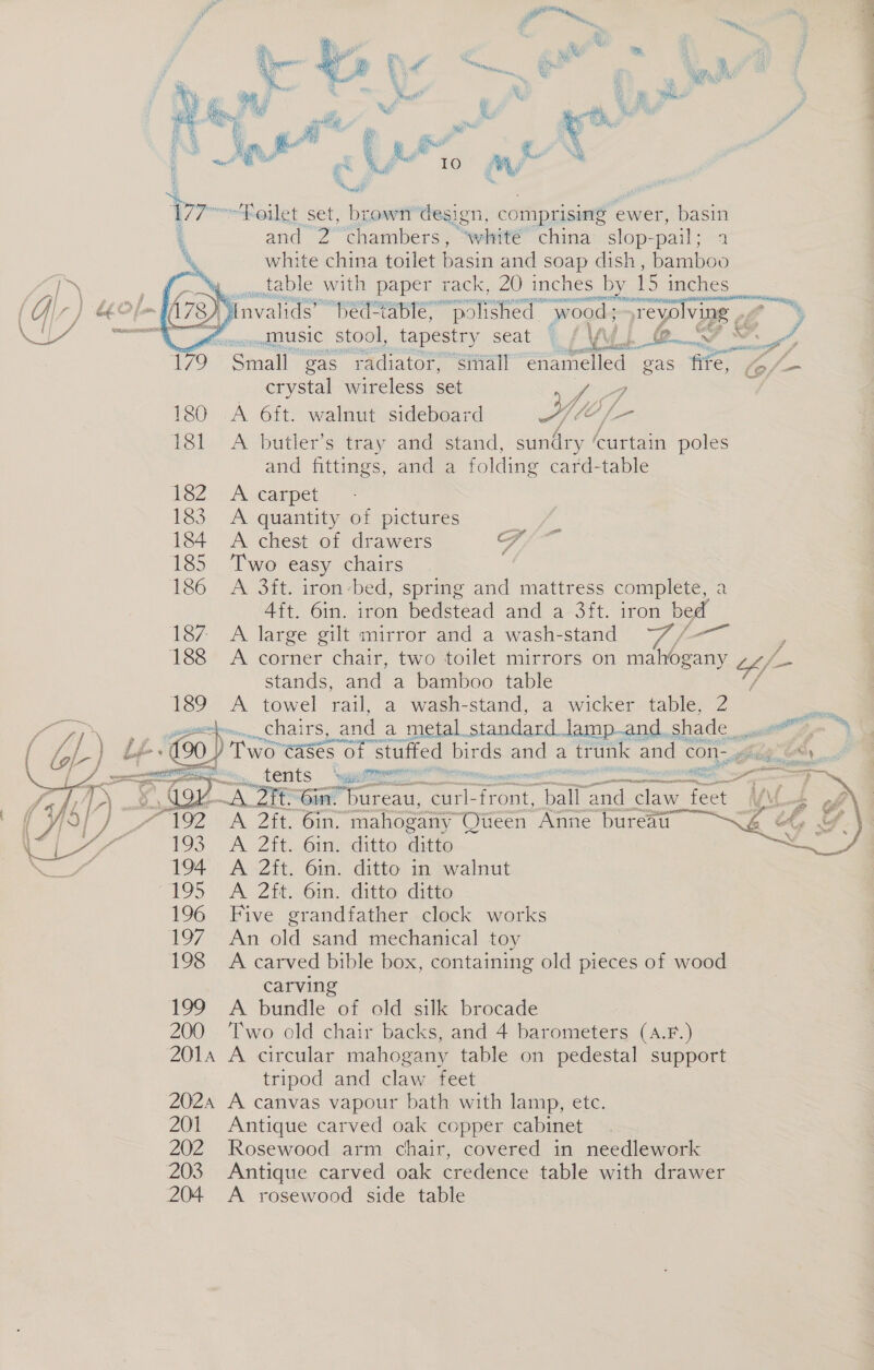  oe 4 % 182 183 184 185 186 188 189     Wy f “heilet set, brow design, comprising ewer, basin and 2 chambers, whit china slop-pail; 2 white china toilet basin and soap dish , bamboo atable with paper rack, 20 inches by 15 inches music stool, tapestry seat { Vales Ae... a crystal wireless set ., f 4 A 6ft. walnut sideboard A) le f— A butler’s tray and stand, sundry ‘curtain poles and fittings, and a folding card-table A carpet A quantity of pictures A chest of drawers oe Two easy chairs : A 3ft. iron-bed, spring and mattress complete, a Aft. 6in. iron bedstead and a 3ft. iron bed A large gilt mirror and a wash-stand we’: vee y A corner chair, two toilet mirrors on mahogany 4/ ae stands, and a bamboo table F A towel ae a wash-stand, a wicker table, 2 ....chairs, and a metal.standard lamp-and. shade, it tents ‘\atflie&lt; isn Ne age A 2ft. 6in. mahogaiiy” Oteen Anne bureau A 2ft. 6in. ditto ditto A 2ft. 6in. ditto in walnut A 2ft. 61n. ditto ditto Five grandfather clock works An old sand mechanical toy A carved bible box, containing old pieces of wood carvin A bundle of old silk brocade A circular mahogany table on pedestal support tripod and claw feet A canvas vapour bath with lamp, etc. Antique carved oak copper cabinet Rosewood arm chair, covered in needlework Antique carved oak credence table with drawer A rosewood side table 