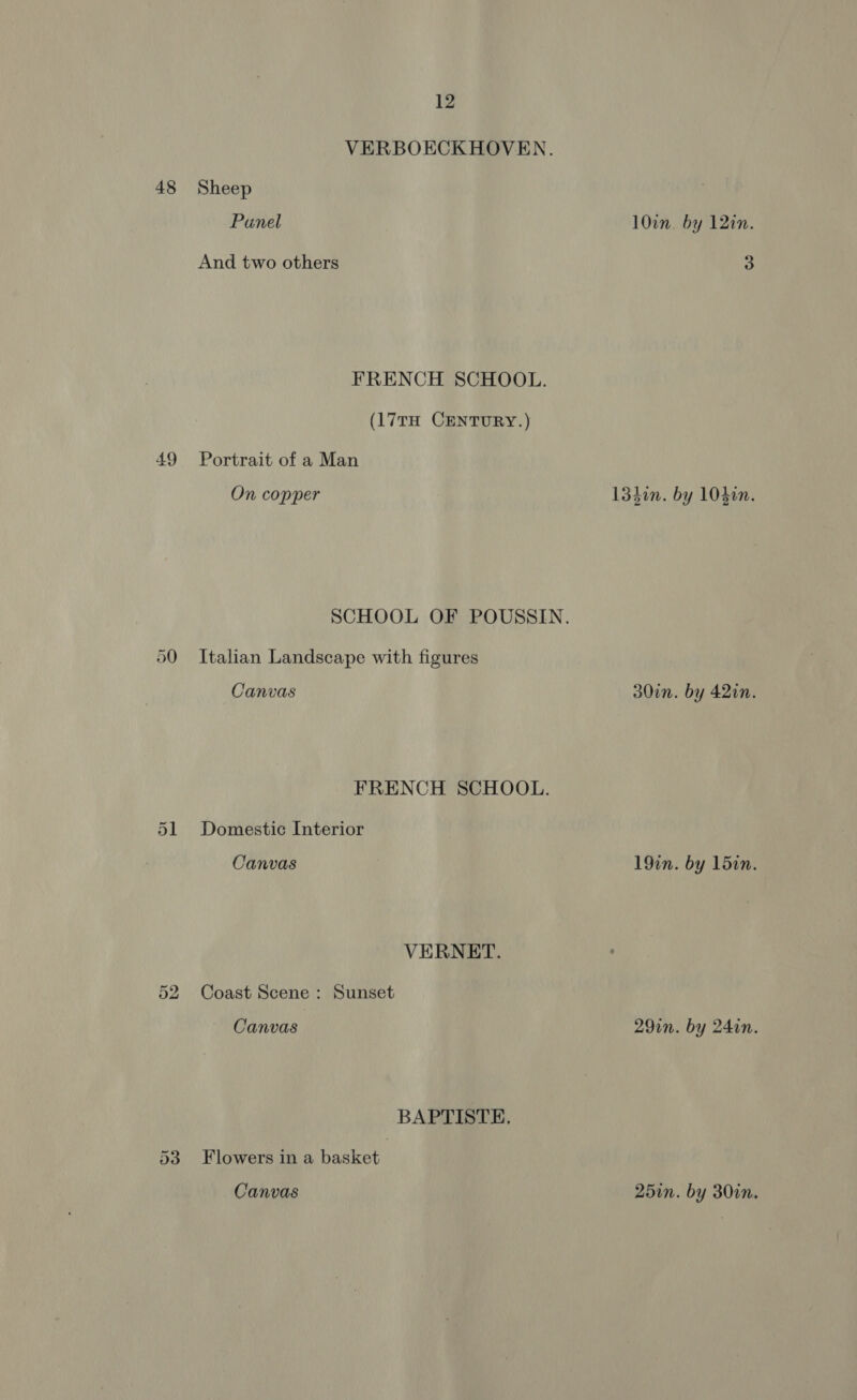 48 49 12 VERBOECKHOVEN. Sheep Punel 10cm. by 12in. And two others 3 FRENCH SCHOOL. (17TH CENTURY.) Portrait of a Man On copper 13hin. by 104in. SCHOOL OF POUSSIN. Italian Landscape with figures Canvas 30in. by 42in. FRENCH SCHOOL. Domestic Interior Canvas 19in. by 15in. VERNET. Coast Scene : Sunset Canvas 29on. by 24in. BAPTISTE, Flowers in a basket