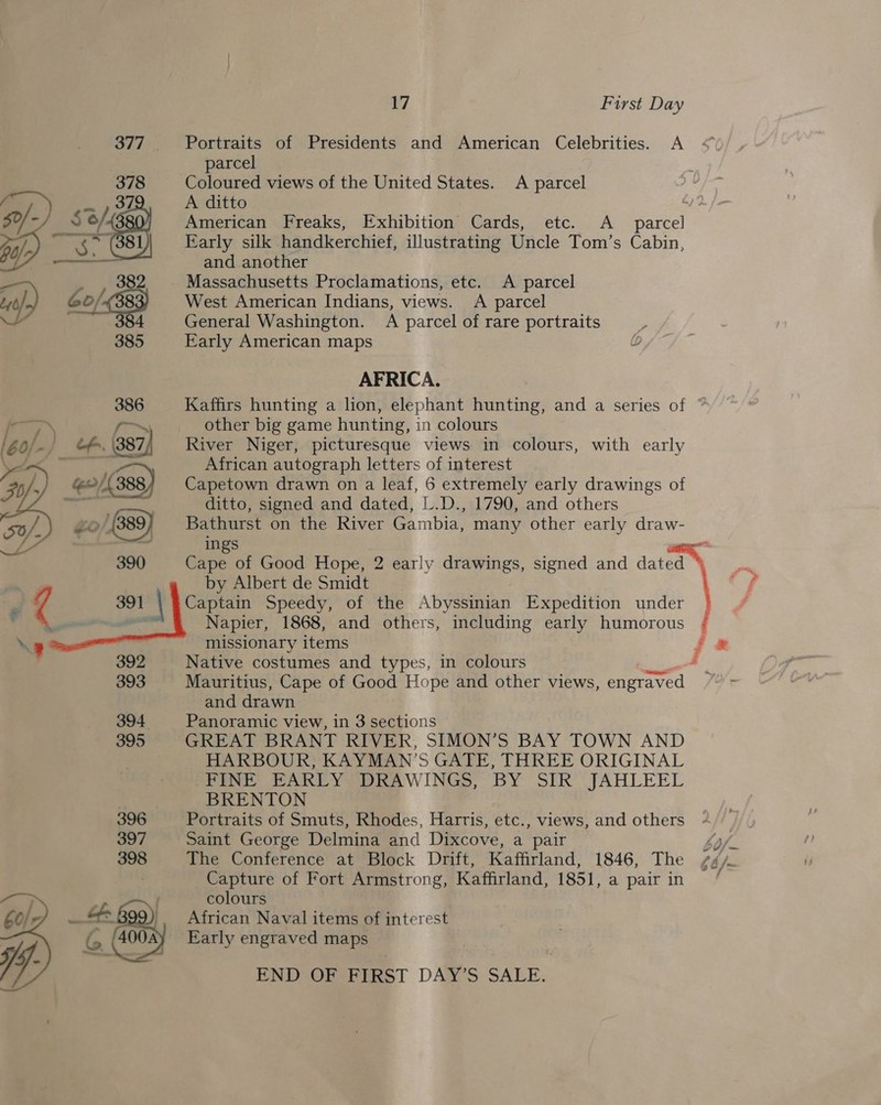 377. +~Portraits of Presidents and American Celebrities. A parcel Coloured views of the United States. A parcel A ditto Early silk handkerchief, illustrating Uncle Tom’s Cabin, and another _ Massachusetts Proclamations, etc. A parcel West American Indians, views. A parcel  General Washington. A parcel of rare portraits &amp; Early American maps 0 AFRICA. 386 Kaffirs hunting a lion, elephant hunting, and a series of ~ other big game hunting, in colours River Niger, picturesque views in colours, with early African autograph letters of interest Capetown drawn on a leaf, 6 extremely early drawings of ditto, signed and dated, L.D., 1790, and others Bathurst on the River Gambia, many other early draw- ings by Albert de Smidt Captain Speedy, of the Abyssinian Expedition under Napier, 1868, and others, including early humorous missionary items Native costumes and types, in colours  and drawn 394 Panoramic view, in 3 sections 395 GREAT BRANT RIVER, SIMON’S BAY TOWN AND . HARBOUR, KAYMAN’S GATE, THREE ORIGINAL FINE EARLY DRAWINGS, BY SIR JAHLEEL ‘4 BRENTON 396 Portraits of Smuts, Rhodes, Harris, etc., views, and others 397 Saint George Delmina and Dixcove, a pair 398 The Conference at Block Drift, Kaffirland, 1846, The : Capture of Fort Armstrong, Kaffirland, 1851, a pair in colours African Naval items of interest ‘(400a) Early engraved maps END OF FiksT DAY’S SALE.   Mi ® P 2 af