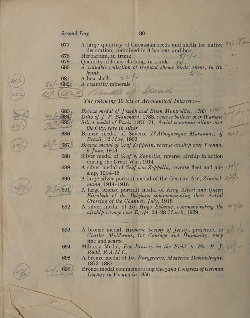 677 678 679 680 decoration, contained in 3 baskets and. box Herbarium, in trunk . S/-fa- Quantity of fancy clothing, in trunk —/4/ - trunk s/ | ‘ A box shells 22/7 a “The PS Bepe: 10 lots of Aeronautical Interest :— Bronze medal of Joseph and Etten Monigolfier, 1783 sis] is) Silver medal of Paris, 1870-71, Aerial communications over the City, rare in silver Tow , a Brazil, 12 May, 1902 Bronze medal of Graf Zeppelin, reverse airship over Vienna, 9 June, 1913 Silver medal of Graf v. Zeppelin, reverse airship in action during the Great War, 1914 ship, 1914-15 mann, 1914-1916 A large bronze portrait medal of King Albert and Queen Elisabeth of the Belgians commemorating their Aertal Crossing of the Channel, July, 1918 ul’ ps if airship voyage over Egypt, 24-28 March, 1929 Charles McManus, for Courage and Humanity, very fine and scarce Military Medal, For Bravery in the Field, to Pte. P. yrs Rudd, R.A. M.C. A bronze medal of Dr. Burggraeve, Medecine Dosimetrique, 1872-1887 Bronze medal commemorating the 321d Congress of German Doctors in Vienna in 1856 } f