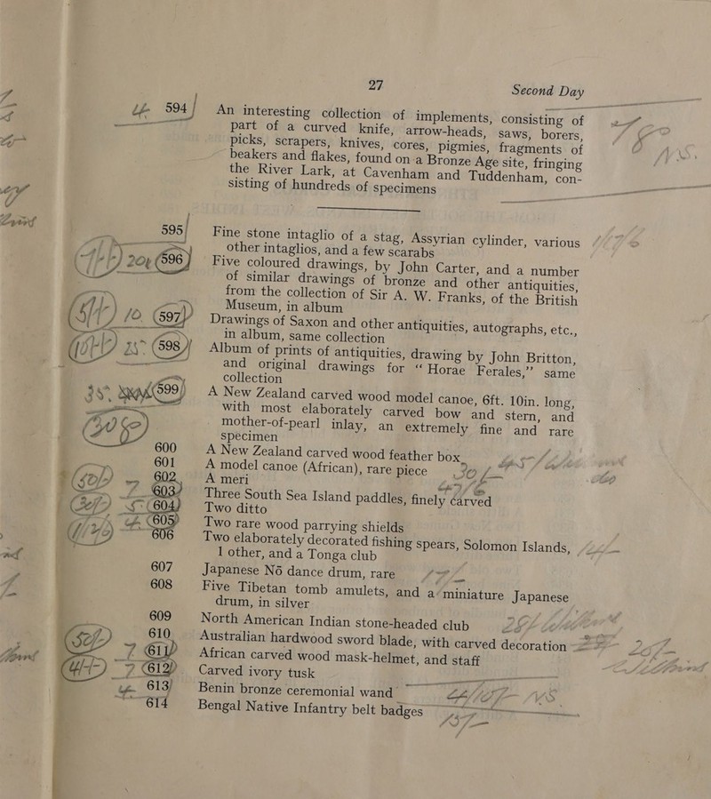   27 Second Day part of a curved knife, arrow-heads, saws, borers, picks, scrapers, knives, cores, pigmies, fragments of beakers and flakes, found on-a Bronze Age site, fringing the River Lark, at Cavenham and Tuddenham, con- sisting of hundreds of specimens —— Fine stone intaglio of a stag, Assyrian cylinder, various other intaglios, and a few scarabs Five coloured drawings, by John Carter, and a number of similar drawings of bronze and other antiquities, from the collection of Sir A. W. Franks, of the British Museum, in album Drawings of Saxon and other antiquities, autographs, etc., in album, same collection Album of prints of antiquities, drawing by John Britton, and original drawings for ‘“Horae F erales,’’ same collection A New Zealand carved wood model canoe, 6ft. 10in. long, with most elaborately carved bow and Stern, and mother-of-pearl inlay, an extremely fine and rare specimen . A New Zealand carved wood feather box ips A model canoe (African), rare piece IO f~ A meri — ents) &lt;4 Three South Sea Island paddles, finely carved Two ditto Two rare wood parrying shields Two elaborately decorated fishing spears, Solomon Islands, I other, and a Tonga club Japanese N6 dance drum, rare a aad drum, in silver North American Indian stone-headed club African carved wood mask-helmet, and staff Carved ivory tusk a les Benin bronze ceremonial wand HAY f-- /VS
