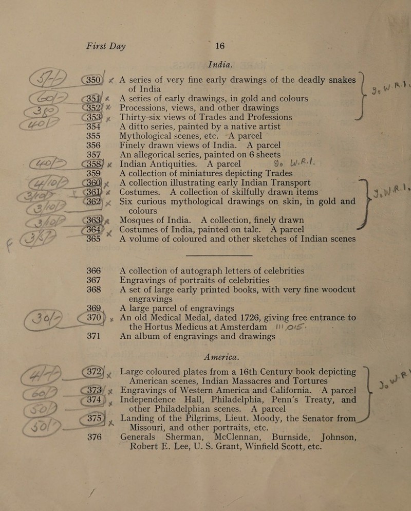 LAY) India. A series of very fine early drawings of the deadly snakes of India Le A series of early drawings, in gold and colours Processions, views, and other drawings Thirty-six views of Trades and Professions A ditto series, painted by a native artist Mythological scenes, etc. ~A parcel Finely drawn views of India. A parcel An allegorical series, painted on 6 sheets Indian Antiquities. A parcel Jo WR, A collection of miniatures depicting Trades A collection illustrating early Indian Transport \ Costumes. A collection of skilfully drawn items 3.0 ae Six curious mythological drawings on skin, in gold and colours Mosques of India. A collection, finely drawn Costumes of India, painted on talc. &lt;A parcel A volume of coloured and other sketches of Indian scenes ye Pda A collection of autograph letters of celebrities — Engravings of portraits of celebrities engravings A large parcel of engravings the Hortus Medicus at Amsterdam !!!,o’S: An album of engravings and drawings America. Large coloured plates from a 16th Century book depicting eR American scenes, Indian Massacres and Tortures } yw Engravings of Western America and California. A parcel  , Independence Hall, Philadelphia, Penn’s Treaty, and other Philadelphian scenes. &lt;A parcel y Landing of the Pilgrims, Lieut. Moody, the Senator from Missouri, and other portraits, etc. Robert E. Lee, U. S. Grant, Winfield Scott, etc.