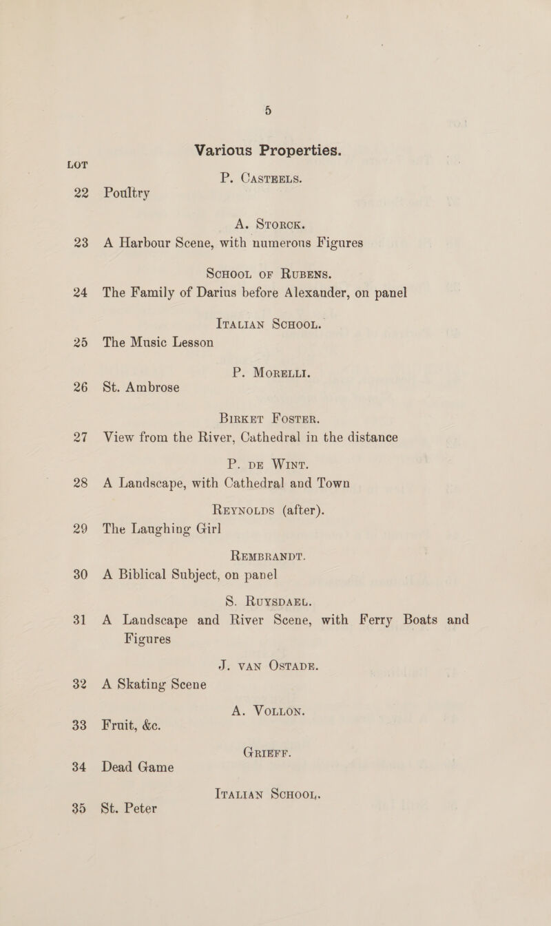 Various Properties. LOT . P. CASTEELS. 22 Poultry A. STORCK. 23 A Harbour Scene, with numerons Figures SCHOOL OF RUBENS. 24 The Family of Darius before Alexander, on panel ITALIAN SCHOOL. 25 The Music Lesson P. MorgtLI. 26 St. Ambrose BirKket Foster. 27 View from the River, Cathedral in the distance P. DE WINT. 28 A Landscape, with Cathedral and Town REYNOLDS (after). 29 The Laughing Girl REMBRANDT. 30 A Biblical Subject, on panel S. RvuyspDAEL. 31 A Landscape and River Scene, with Ferry Boats and Figures J. VAN OSTADE. 32 A Skating Scene A. VOLLON. 33 Fruit, Xe. GRIEFF. 34 Dead Game ITALIAN SCHOOL. 35 St. Peter