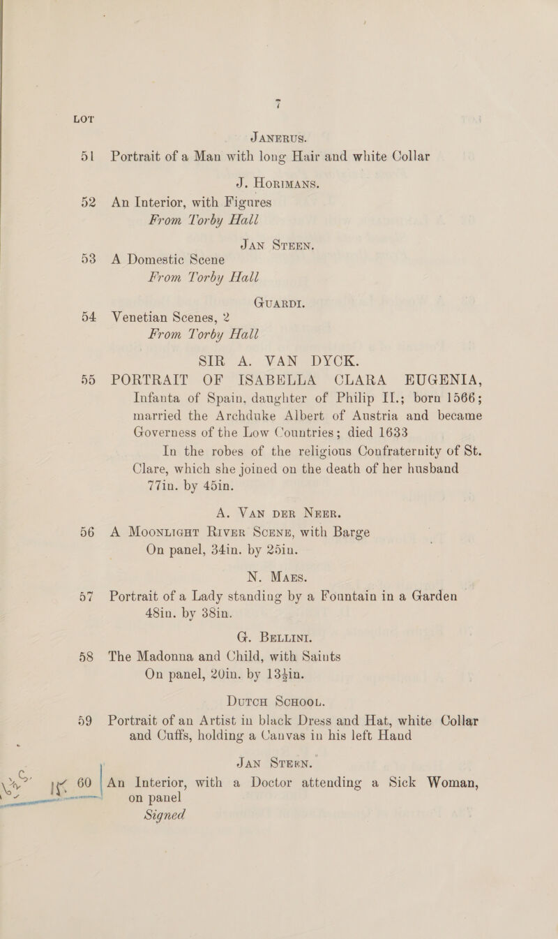 LOT J ANERUS. 51 Portrait of a Man with long Hair and white Collar J. Hormans. 52 An Interior, with Figures From Torby Hali JAN STEEN. 53. A Domestic Scene From Torby Hall (FUARDI. 54 Venetian Scenes, 2 From Torby Hall Sik A. VAN DYCK. 55 PORTRAIT OF ISABELLA CLARA EUGENIA, Infanta of Spain, daughter of Philip II.; born 1566; married the Archduke Albert of Austria and became Governess of the Low Countries; died 1633 | In the robes of the religious Confraternity of St. Clare, which she joined on the death of her husband 77in. by 45in. A. VAN DER NEmR. 56 A Moonuicat River Scene, with Barge On panel, 34in. by 25in. N. Mags. 57 Portrait of a Lady standing by a Fountain in a Garden | 48in. by 38in. G. BELLINI. 58 The Madonna and Child, with Saints On panel, 20in. by 134in. DutcH SCHOOL. 59 Portrait of an Artist in black Dress and Hat, white Collar and Cuffs, holding a Canvas in his left Hand | Jan STEEN. Tg Ks 60 |An Interior, with a Doctor attending a Sick Woman, eevee) On panel Signed