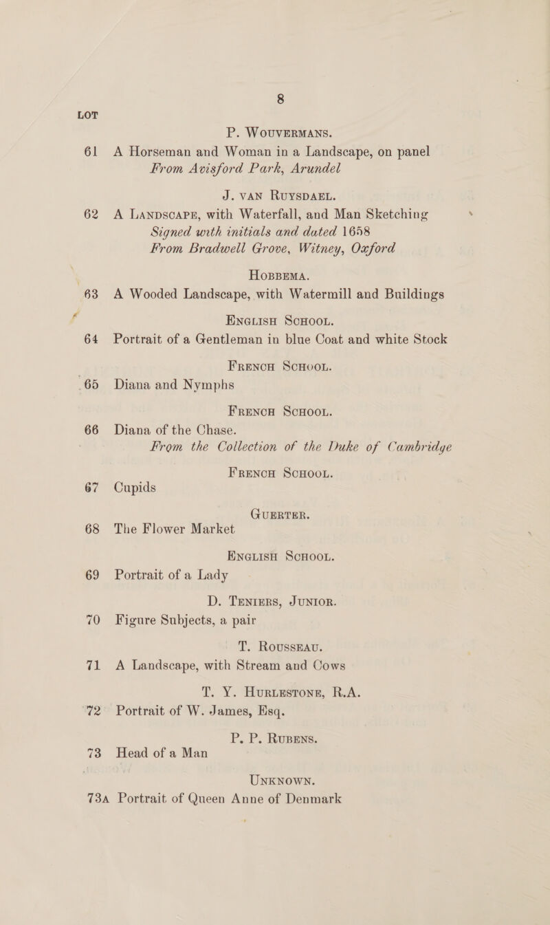 61 62 63 65 66 67 68 69 70 71 772 73 8 P. WouvERMANS. A Horseman and Woman in a Landscape, on panel From Avisford Park, Arundel J. VAN RUYSDAEL. A Lanpscape#, with Waterfall, and Man Sketching Signed wrth initials and dated 1658 From Bradwell Grove, Witney, Oxford HOBBEMA. A Wooded Landscape, with Watermill and Buildings ENGLISH SCHOOL. Portrait of a Gentleman in blue Coat and white Stock FRENCH SCHOOL. Diana and Nymphs FrEeNcH ScHOOL. Diana of the Chase. From the Collection of the Duke of Cambridge FrReNcH SCHOOL. Cupids GUERTER. The Flower Market ENGLISH SCHOOL. Portrait of a Lady D. Treniers, JUNIOR. Figure Subjects, a pair T. RoussEAu. A Landscape, with Stream and Cows T. Y. Huruestons, R.A. Portrait of W. James, Esq. P. P. Rupens. Head of a Man UNKNOWN.