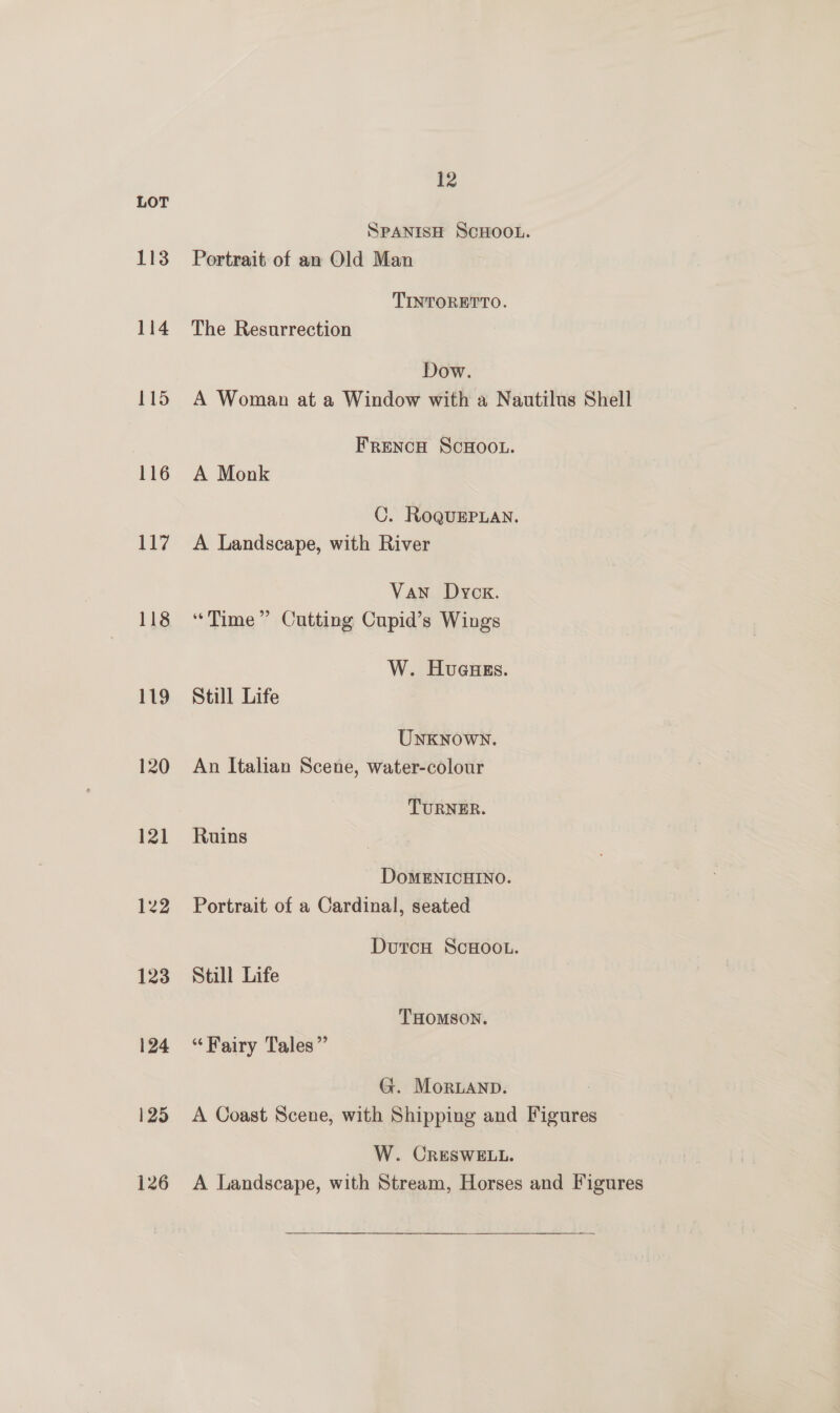 113 114 115 116 117 118 119 120 121 122 123 124 125 126 12 SPANISH SCHOOL. Portrait of an Old Man TINTORETTO. The Resurrection Dow. A Woman at a Window with a Nautilus Shell Frenco ScHoo.. A Monk OC. RoquEPLan. A Landscape, with River Van Dyck. “Time” Cutting Cupid’s Wings W. Huaues. Still Life UNKNOWN. An Italian Scene, water-colour TURNER. Ruins DoOMENICHINO. Portrait of a Cardinal, seated DutcaH ScHoot. Still Life THOMSON. “Fairy Tales” G. Moranp. A Coast Scene, with Shipping and Figures W. CRESWELL. A Landscape, with Stream, Horses and Figures