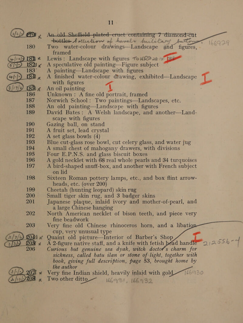   GC) 203 of) 08   rl’: : iri ~diamiond=cut ~-bottles- 4 sthithiove f beer waliy ae bat apes _AjrMoss Two water-colour drawings—-Landscape and _ figures, framed &gt; a Lewis: Landscape with figures ToH@? as’: _— A speculative old painting—Figure subject A painting—Landscape with. figures A finished water-colour drawing, exhibited—Landscape with figures ya An oil painting | Unknown : A fine old portrait, framed Norwich School: Two paintings—Landscapes, etc. An old painting—Landscape with figures David Bates: A Welsh landscape, and another—Land- scape with figures Gazing ball, on stand A fruit set, lead crystal A set glass bowls (4) | Blue cut-glass rose bowl, cut celery glass, and water jug A small chest of mahogany drawers, with divisions A gold necklet with 68 real whole pearls and 34 turquoises A bird-shaped snuff-box, and another with French subject on lid Sixteen Roman pottery lamps, etc., and box flint arrow- heads, etc. (over 200) Cheetah (hunting leopard) skin rug Small tiger skin rug, and 3 badger skins Japanese plaque, inlaid ivory and mother-of-pearl, and a large Chinese hanging North American necklet of bison teeth, and piece very fine beadwork Very fine old Chinese rhinoceros horn, and a libatio cup, very unusual type Quaint old picture—Interior of Barber’s Shop Curious but genuine sea dyak, witch docto#s charm for sickness, called batu tlan or stone of light, together with book, giving full description, page 53, brought home by   