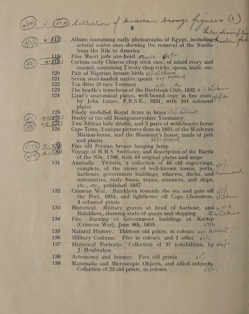 wie 3 &lt; f  Album containing ass photographs of Egypt, including 4, a AS f* several scarce ones showing the removal of the Needle , from the Nile to America Fine Maori jade axe-head fayes, pfs 4} €. Curious early Chinese chop stick case, of inlaid ivory and enamel, containing 7 ivory chop sticks, spoon, knife, etc. Pair of Nigerian bronze birds a}-/. n/t Seven steel-headed native spears 2#/° Rebbenk Ten ditto (3 rare Youmas) yy]- te The beadle’s truncheon of the neste Club, 1832 4/ +} Works: Lizar’s anatomical plates, well-bound copy in fine state, sot oe by John Lizars, F.R.S.E., 1831, with 101 coloured plates Finely modelled Royal Arms in brass } /¥/- Haddad Busby of the old Montgomeryshire Yeomanry Two African hide shields, and 2 pairs of wildebeaste horns Cape Town, 2 unique pictures done in 1851, of the Wesleyan Mission-house, and the Missioner’s house made of pith and plants SI] Hobo Fine old Persian bronze hanging lamp Voyage of H.M.S. Swiftsure, and description of the Battle of the Nile, 1798, with 43 original plates and maps Australia. Victoria, a collection of 46 old engravings, aps]: complete, of the views of well-known towns, ports, oe harbours, government buildings, wharves, docks, and 4 e-~-™~ universities, early buses, trains, steamers, and ships, etc., etc., published 1857 Crimean War. Balaklava towards the sea and gate off ; is of. the Port, 1854, and lighthouse off Cape Chersorese, Walleme 3 coloured prints Historical. Military graves at head of harbour, and» ° / Balaklava, showing state of quays and shipping (2 Whithens R Fire. Burning of Government buildings at Kertecp (Crimean War), June 9th, 1855 a Natural History. Thirteen old prints, in colours oy]. Hitt but&gt; Military Costume. Five in colours, and I other 24 i} Historical Portraits. Collection of 37 notabilities, by ay / 4 J. Houbraken ; } ‘ 4 Astronomy and Science. Five old prints 29 /- Mammalia and Microscopic Objects, and allied subjects. C Collection of 22 old prints, in colours, q ai ;