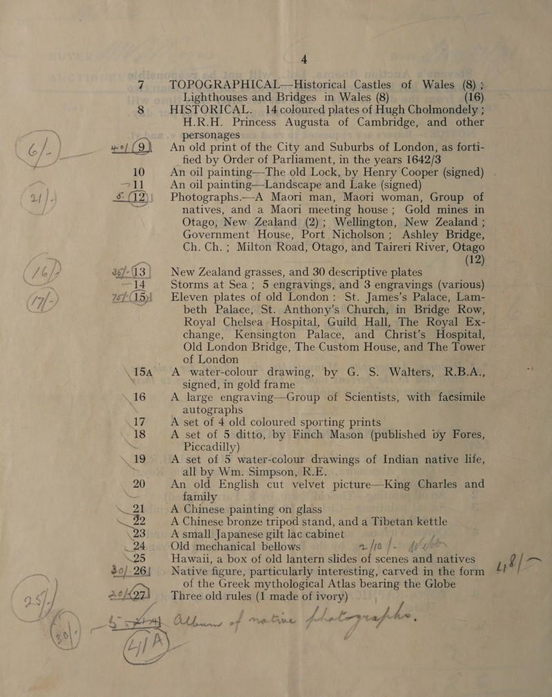 cacalts aed Fae “Gi Dy 4 TOPOGRAPHICAL—Historical Castles of Wales (8) ; Lighthouses and Bridges in Wales (8) (16) HISTORICAL. 14 coloured plates of Hugh Cholmondely ; H.R.H. Princess Augusta of Cambridge, and other personages An old print of the City and Suburbs of London, as forti- fied by Order of Parliament, in the years 1642/3 An oil painting—The old Lock, by Henry Cooper (signed) An oil painting—Landscape and Lake (signed) Photographs.—A Maori man, Maori woman, Group of natives, and a Maori meeting house; Gold mines in Otago, New Zealand (2); Wellington, New Zealand ; Government House, Port Nicholson; Ashley Bridge, Ch. Ch. ; Milton Road, Otago, and Taireri River, Otago (12) New Zealand grasses, and 30 descriptive plates Storms at Sea; 5 engravings, and 3 engravings (various) Eleven plates of old London: St. James’s Palace, Lam- beth Palace, St. Anthony’s Church, in Bridge Row, Royal Chelsea Hospital, Guild Hall, The Royal Ex- change, Kensington Palace, and Christ’s Hospital, Old London Bridge, The Custom House, and The Tower of London A water-colour drawing, by G. S. Walters, R.B.A., signed, in gold frame A large engraving—Group of Scientists, with facsimile autographs A set of 4 old coloured sporting prints A set of 5 ditto, by Finch Mason (published by Fores, Piccadilly) A set of 5 water-colour drawings of Indian native hie, all by Wm. Simpson, R.E. An old English cut velvet picture—King Charles and family A Chinese painting on glass A Chinese bronze tripod stand, and a Tibetan kettle A small Japanese gilt lac cabinet bas) Old mechanical bellows afta | i. Wee Hawaii, a box of old lantern slides of scenes and natives Native figure, particularly interesting, carved in the form of the Greek mythological Atlas ees the Globe bn pte A Lz Ss ot Lath AA [=