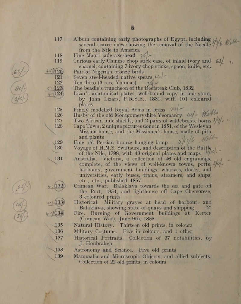 several scarce ones showing the removal of the Needle from the Nile to America _ Fine Maori jade axe-head ;¢/— Curious early Chinese chop stick case, of inlaid ivory and @3/ enamel, containing 7 ivory chop sticks, spoon, knife, etc. Pair of Nigerian bronze birds Seven steel-headed native spears | Le} ” Ten ditto (3 rare Youmas) 345] - The beadle’s truncheon of the Beéfsteak Club, 1832 Lizar’s anatomical plates, well-bound copy in fine state, by John Lizars, F.R.S.E., 1831, with 101 coloured plates Finely modelled Royal Arms in brass 3 /~ be Busby of the old Montgomeryshire Yeomanry “% o/ Z We ? Two African hide shields, and 2 pairs of wildebeaste horns 3/9/- Cape Town, 2 unique pictures done in 1851, of the Wesleyan Mission-house, and the Missioner’s house, made of pith — and plants ‘ie Ne Wit Fine old Persian bronze hanging lamp 9//7/“ = ”* Voyage of H.M.S. Swiftsure, and description of ‘he Battle of the Nile, 1798, with 43 original plates and maps “/!/° Australia. Victoria, a collection of 46 old engravings, ; complete, of the views of well-known towns, gy harbours, government buildings, wharves, docks, and universities, early buses, trains, steamers, and ships, etc., etc., published 1857 Crimean War. Balaklava towards the sea and gate off the Port, 1854, and lighthouse off Cape Chersorese, 3 coloured prints Historical. Military graves at head of harbour, and Balaklava, showing state of quays and shipping (2° Fire. Burning of Government buildings at Kerten (Crimean War), June 9th, 1855 Natural History. Thirteen old prints, in colours Military Costume. Five in colours. and 1 other Historical Portraits. Collection of 37 notabilities, by J. Houbraken Astronomy and Science. Five old prints Mammalia and Microscopic Objects, and allied paDISUne Collection of 22 old prints, in colours Album containing early photographs of Egypt, including 7) rE We » be ¥v. ty