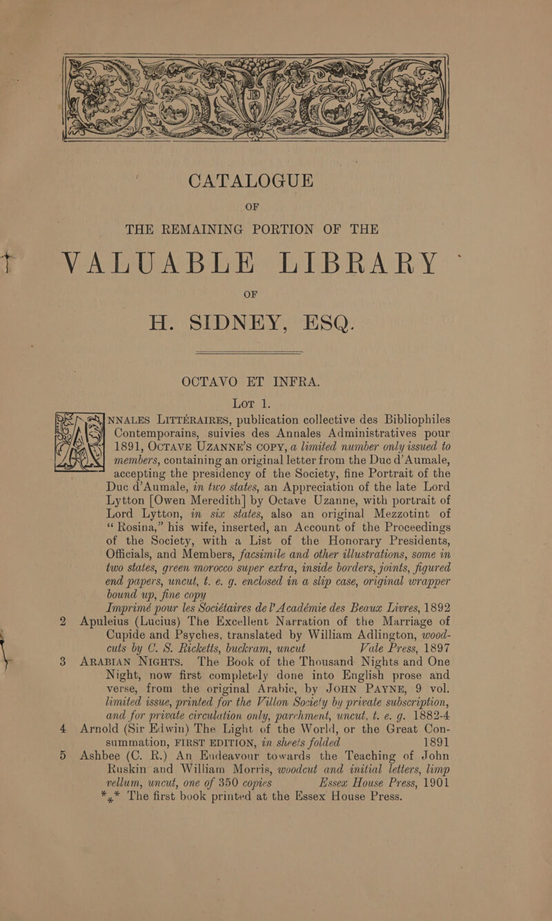   OF THE REMAINING PORTION OF THE PeVALUABLE LIBRARY - OF H. SIDNEY, ESQ.  OCTAVO ET INFRA. Lot 1. NNALES LITTERAIRES, publication collective des Bibliophiles Contemporains, suivies des Annales Administratives pour 1891, OcTAVE UZANNE’S COPY, a limited number only issued to members, containing an original letter from the Duc d’Aumale, accepting the presidency of the Society, fine Portrait of the Duc d’Aumale, in two states, an Appreciation of the late Lord Lytton [Owen Meredith] by Octave Uzanne, with portrait of Lord Lytton, in six states, also an original Mezzotint of ‘‘ Rosina,” his wife, inserted, an Account of the Proceedings of the Society, with a List of the Honorary Presidents, Officials, and Members, facsimile and other illustrations, some in two states, green morocco super extra, inside borders, joints, figured end papers, uncut, t. €. g. enclosed in a slip case, original wrapper bound up, fine copy Imprimé pour les Sociétaires del Académie des Beaux Invres, 1892  2 Apuleius (Lucius) The Excellent Narration of the Marriage of : Cupide and Psyches, translated by William Adlington, wood- cuts by C. S. Ricketts, buckram, uncut Vale Press, 1897 3 ARABIAN Nicuts. The Book of the Thousand Nights and One Night, now first completely done into English prose and verse, from the original Arabic, by JOHN PAYNE, 9 vol. limited issue, printed for the Villon Society by private subscription, and for private circulation only, parchment, uncut, t. e. g. 1882-4 4 Arnold (Sir Edwin) The Light of the World, or the Great Con- summation, FIRST EDITION, zn sheels folded 1891 5 Ashbee (C. Rh.) An Endeavour towards the Teaching of John Ruskin and William Morris, woodcut and initial letters, limp vellum, wncut, one of 350 copies Essex House Press, 1901 *,* The first book printed at the Essex House Press.