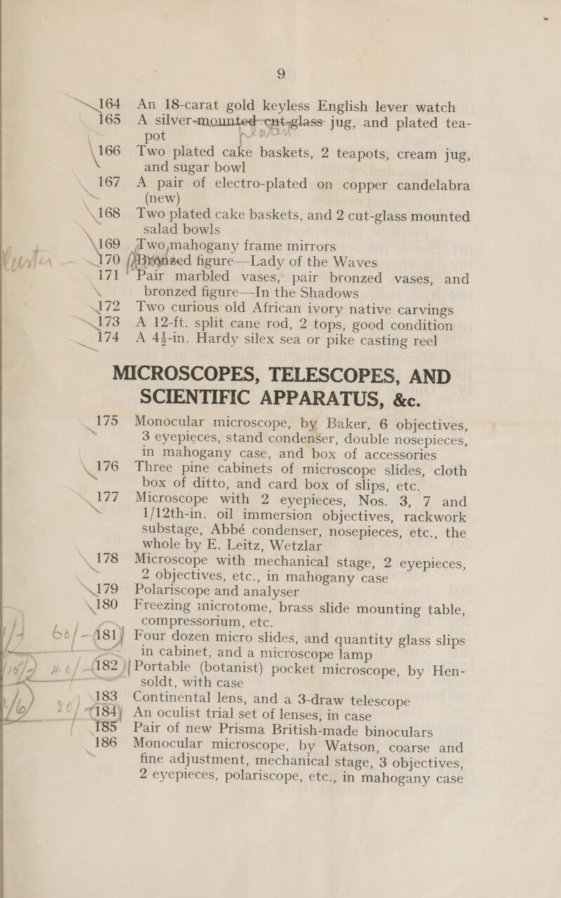 os 164 695 \! 66 13 \t 68 \i69 \ 172 173 174 ae .178 \I79 \ J 80 dé ond / 82 /) \183 07 184) / 785 186  9 An 18-carat gold keyless English lever watch A silver-mounted-cut-glass jug, and plated tea- a i) wt Two plated cake baskets, 2 teapots, cream jug, and sugar bowl A pair of electro-plated on copper candelabra (new) Two plated cake baskets, and 2 cut-glass mounted salad bowls A wo,mahogany frame mirrors bronzed figure—In the Shadows Two curious old African ivory native carvings A 12-ft. split cane rod, 2 tops, good condition A 43-in. Hardy silex sea or pike casting reel SCIENTIFIC APPARATUS, &amp;c. Monocular microscope, by Baker, 6 objectives, 3 eyepieces, stand condenser, double nosepieces, in mahogany case, and box of accessories Three pine cabinets of microscope slides, cloth box of ditto, and card box of slips, etc. Microscope with 2 eyepieces, Nos. 3, 7 and 1/12th-in. oil immersion objectives, rackwork substage, Abbé condenser, nosepieces, etc., the whole by E. Leitz, Wetzlar Microscope with mechanical stage, 2 eyepieces, 2 objectives, etc., in mahogany case Polariscope and analyser Freezing inicrotome, brass slide mounting table, compressorium, etc. Four dozen micro slides, and quantity glass slips in cabinet, and a microscope lamp soldt, with case Continental lens, and a 3-draw telescope An oculist trial set of lenses, in case Pair of new Prisma British-made binoculars Monocular microscope, by Watson, coarse and fine adjustment, mechanical stage, 3 objectives, 2 eyepieces, polariscope, etc., in mahogany case