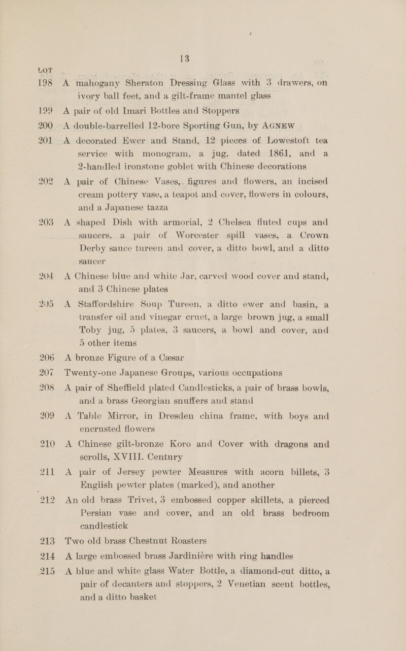 202 A mahogany Sheraton Dressing Glass with 3 drawers, on ivory ball feet, and a gilt-frame mantel glass A pair of old Imari Bottles and Stoppers service with monogram, a jug, dated 1861, and a 2-handled ironstone goblet with Chinese decorations A pair of Chinese Vases,. figures and flowers, an incised cream pottery vase, a teapot and cover, flowers in colours, and a Japanese tazza A shaped Dish with armorial, 2 Chelsea fluted cups and _ saucers, a pair of Worcester spill vases, a Crown Derby sauce tureen and cover, a ditto bowl, and a ditto saucer A Chinese blue and white Jar, carved wood cover and stand, and 3 Chinese plates A Staffordshire Soup Tureen, a ditto ewer and basin, a transter oil and vinegar cruet, a large brown jug, a small Toby jug, 5 plates, 3 saucers, a bowl and cover, and ) other items A bronze Figure of a Cesar Twenty-one Japanese Groups, various occupations A pair of Sheffield plated Candlesticks, a pair of brass bowls, and a brass Georgian snuffers and stand A Table Mirror, in Dresden china frame, with boys and encrusted flowers A Chinese gilt-bronze Koro and Cover with dragons and scrolls, X VIII. Century A pair of Jersey pewter Measures with acorn billets, 3 English pewter plates (marked), and another An old brass Trivet, 8 embossed copper skillets, a pierced Persian vase and cover, and an old brass bedroom candlestick Two old brass Chestnut Roasters A large embossed brass Jardiniere with ring handles A blue and white glass Water Bottle, a diamond-cut ditto, a pair of decanters and stoppers, 2 Venetian scent bottles, and a ditto basket