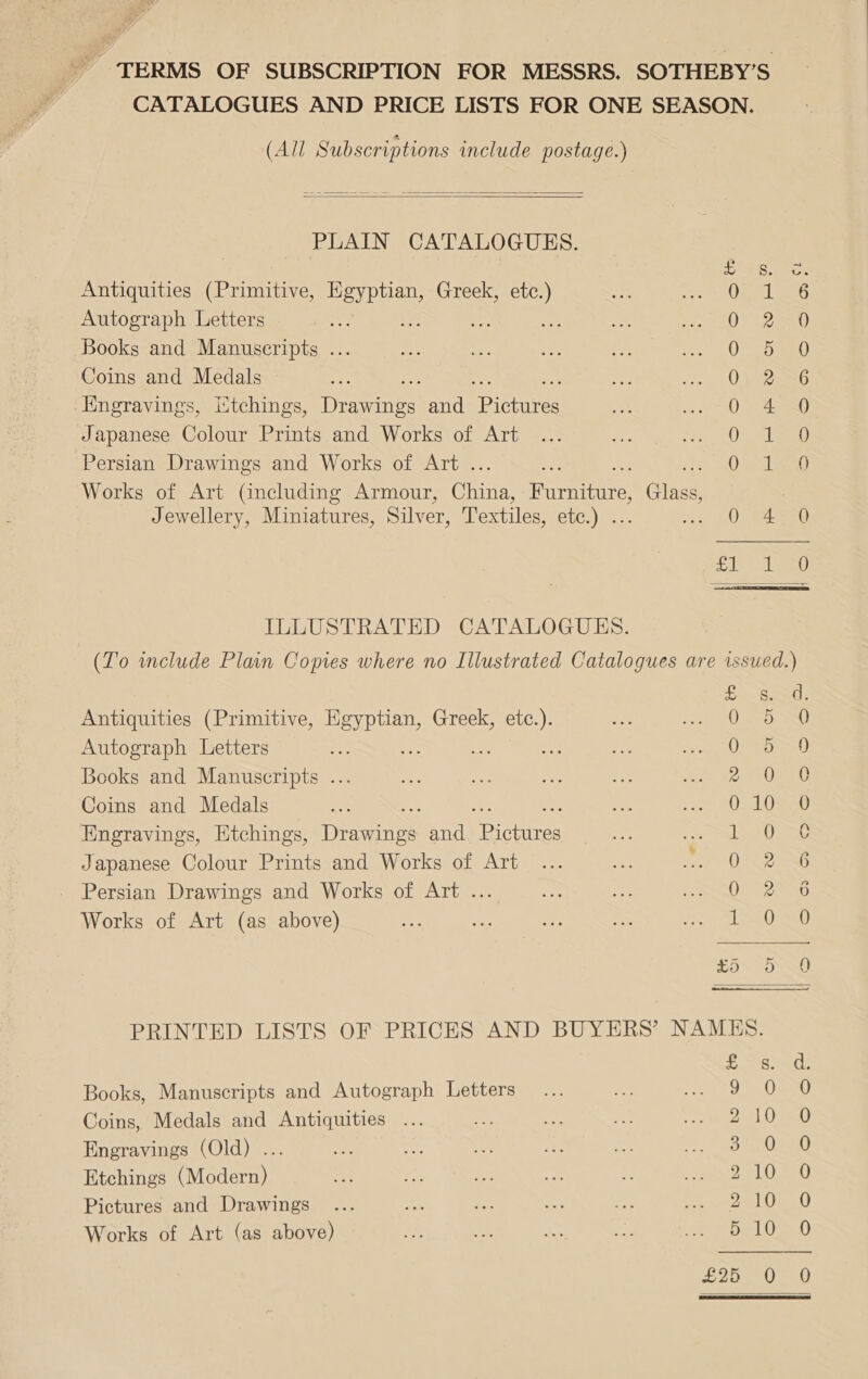 - TERMS OF SUBSCRIPTION FOR MESSRS. SOTHEBY’S CATALOGUES AND PRICE LISTS FOR ONE SEASON. (All Subscriptions include postage.)   PLAIN CATALOGUES. gyn ee Antiquities (Primitive, TAS Greek, ae Oiael aero Autograph Letters 0 2350 Books and Manuscripts ... Oko eo Coins and Medals 0) 2aN6 Engravings, itchings, Deine and peicones 0 4 0 Japanese Colour Prints and Works of Art (Soo Persian Drawings and Works of Art . 0 sacle) Works of Art (including Armour, Gnas Rares Cie Jewellery, Miniatures, Silver, Textiles, etc.) - 0 4 0 ILLUSTRATED CATALOGUES. (To wclude Plain Copies where no Illustrated Catalogues are issued.)  LB eads Antiquities (Primitive, Ege Greek, aa CRE Autograph Letters a re sions Ae aL Books and Manuscripts ... ae a a a ee athe 1h Coins and Medals O10 S0 Engravings, Etchings, Deano and ‘tdneny on ede oe Japanese Colour Prints and Works of Art PO ECE Persian Drawings and Works of Art ... Ne ave Leeda ene Works of Art (as above) i oe: so 2 Reed te 1th! fa. Oye PRINTED LISTS OF PRICES AND BUYERS’ NAMES. ne Re Books, Manuscripts and Autograph Letters 9° 0. 0 Coins, Medals and Antiquities ... 251.0 0 Engravings (Old) ... 3 -202-0 Etchings (Modern) PATER U Pictures and Drawings SIE OP Wh) Works of Art (as above) Deo.) ts ~) on =) —_) 