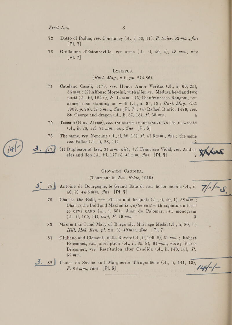 72 73 74 75 3, (1 79 80 81 3. 82 Dotto of Padua, rev. Constancy (A., i, 50, 11), P. twice, 62 mm., fine [PI. 7] Guillaume d’Estouteville, [Pl. 7] rev. arms (A., li, 40, 4), 48 mm., fine LYSIPPUS. (Burl. Mag., xiii, pp. 274-86). Catelano Casali, 1478, xev. Honor Amor Veritas (A., ii, 66, 25), 34 mm.; (2) Alfonso Morosini, with alien rev. Medusa head and two putti (A., ili, 182), P. 44 mm.; (3) Gianfrancesco Rangoni, rev. armed man standing on wolf (A., ii, 93,19; Burl. Mag., Oct. 1909, p. 26), 37.5 mm., fine [Pl. 7]; (4) Raffael Riario, 1478, rev. St. George and dragon (A., ii, 57, 18), P. 35 mm. 4 Toscani (Giov. Alvise), ev. INCERTVM IVRISCONSVLTVS etc. in wreath (A., ii, 28, 12), 71 mm., very fine [Pl. 6] The same, rev. Neptune (4., ii, 28, 13), P. 41.5 mm., fine ; rev. Pallas (A., ii, 28, 14) (1) Duplicate of last, 34 mm., gilt cles and lion (A., the same   GIOVANNI CANDIDA. (Tourneur in Rev. Belge, 1919). 40, 2), 44:5 mm., fine [PI. 7] Charles the Bold, rev. Fleece and briquets (A., ii, 40, 1), 38 mm. ; Charles the Bold and Maximilian, a/fter-cast with signature altered to oPvs cARO (A., i, 58); Juan de Palomar, ev. monogram (A. i, 109, 14) lead, P. 490m. 3 Maximilian I and Mary of Burgundy, Marriage Medal (A., ii, 80, 1 ; Hill, Med. Ren., pl. x11, 3), 49'mm., fine [PI 7] Giuliano and Clemente della Rovere (A., ii, 109, 2), 61 mm. Robert Briconnet, rev. inscription (A., ii, 85, 8), 61 mm., rare; Pierre Briconnet, rev. Restitution after Candida (A., ii, 143, 18), P. 62 mm. Louise de Savoie and Marguerite d’Angouléme (4A., ii, 141, 13), P. 68 mm., rare [Pl. 6] | | ) /4ff-/'-  