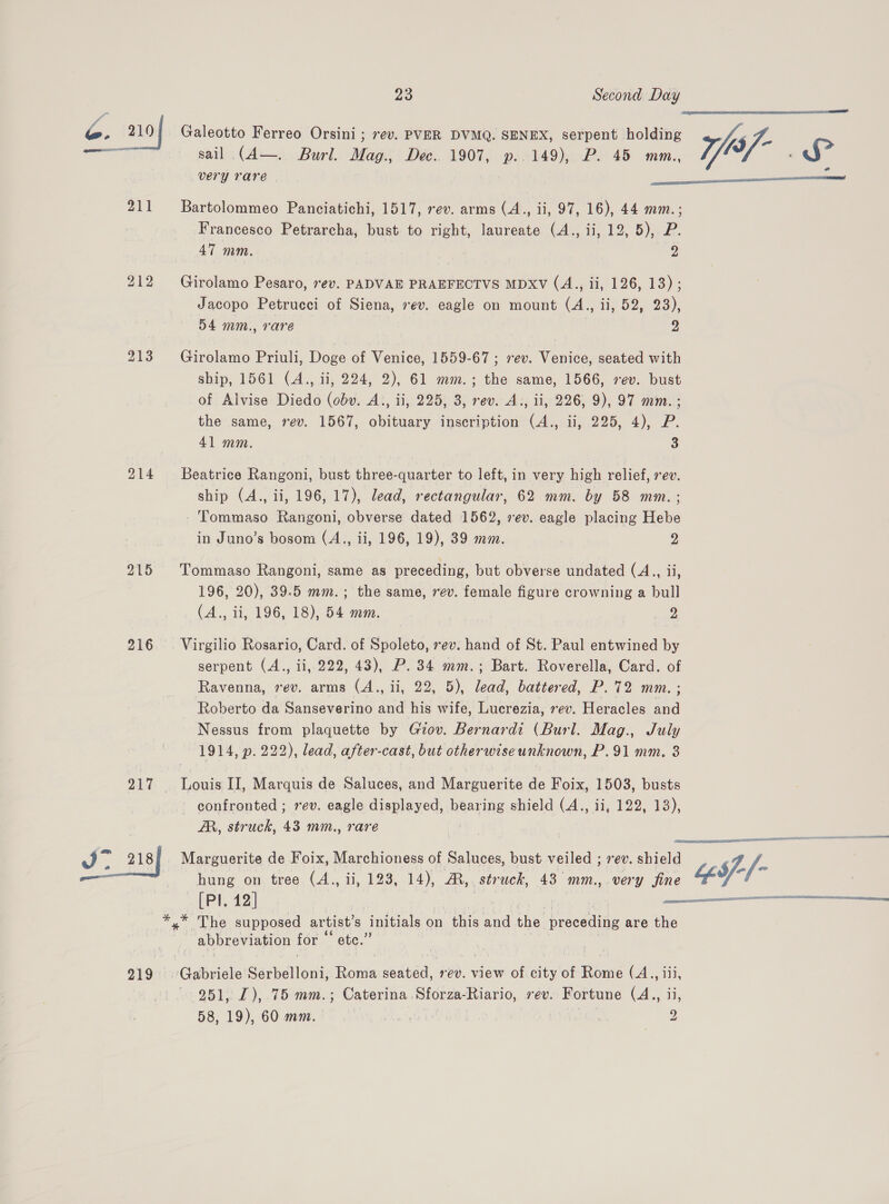 211 213 215 216 J. 218 23 Second Day Galeotto Ferreo Orsini; rev. PVER DVMQ. SENEX, serpent holding 13 sail (A—. Burl. Mag., Dec. 1907, p.. 149), P. 45 mm., T/ : JS? very rare —   Bartolommeo Panciatichi, 1517, rev. arms (A., ii, 97, 16), 44 mm.; Francesco Petrarcha, bust to right, laureate (A., ii, 12, 5), P. 47 mm. 2 Girolamo Pesaro, ev. PADVAE PRAEFECTVS MDXV (A., ii, 126, 13) ; Jacopo Petrucci of Siena, rev. eagle on mount CA 5223) 54 mm., rare | 2 Girolamo Priuli, Doge of Venice, 1559-67 ; sev. Venice, seated with ship, 1561 (A., ii, 224, 2), 61 mm.; the same, 1566, ev. bust of Alvise Diedo (obv. A., ii, 225, 3, rev. A., ii, 226, 9), 97 mm. ; the same, rev. 1567, obituary inscription (A., ii, 225, 4), P. 41 mm. 3 Beatrice Rangoni, bust three-quarter to left, in very high relief, ev. ship (A., ii, 196, 17), lead, rectangular, 62 mm. by 58 mm.; - Tommaso Rangoni, obverse dated 1562, rev. eagle placing Hebe in Juno’s bosom (A., ii, 196, 19), 39 mm. 2 Tommaso Rangoni, same as preceding, but obverse undated (A., ii 196, 20), 39.5 mm.; the same, rev. female figure crowning a bull (A., ii, 196, 18), 54 mm. 2 serpent (A., ii, 222, 43), P. 34 mm.; Bart. Roverella, Card. of Ravenna, rev. arms (A., ii, 22, 5), lead, battered, P.72 mm. ; Roberto da Sanseverino and his wife, Lucrezia, rev. Heracles and Nessus from plaquette by Giov. Bernardi (Burl. Mag., July 1914, p. 222), lead, after-cast, but otherwise unknown, P.91 mm, 3 bowie II, Marquis de Saluces, and Marguerite de Foix, 1503, busts confronted ; ev. eagle displayed, bearing shield (A., ii, 122, 13), ZR, struck, 43 mm., rare  hung on tree (A., ii, 123, 14), ao struck, 43 mm., very fine (PI. 12] ——————$—_____—_—— 219 abbreviation for ” “ete.” “Gabriele Sa cpelloiti Roma etl rev. view of city of eee (A., 251, [), 75 mm.; Caterina. Sforza- Riario, ev. Fortune ie 58,19),60 mm. aa | &gt;