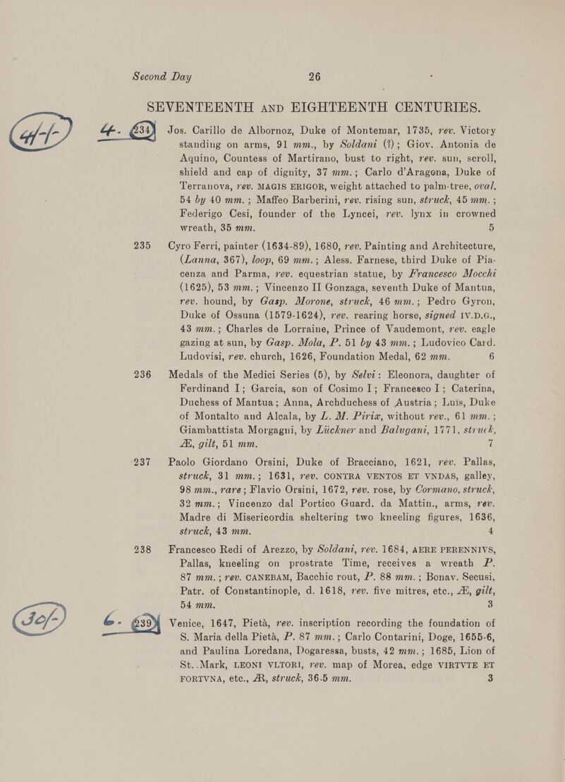 1) 6. 236 237 238 39 standing on arms, 91 mm., by Soldani (2); Giov. Antonia de Aquino, Countess of Martirano, bust to right, 7ev. sun, scroll, shield and cap of dignity, 37 mm.; Carlo d’Aragona, Duke of Terranova, 7¢v. MAGIS ERIGOR, weight attached to palm-tree, oval, 54 by 40 mm. ; Maffeo Barberini, ev. rising sun, struck, 45 mm. ; Federigo Cesi, founder of the Lyncei, ev. lynx in crowned wreath, 35 mm. D Cyro Ferri, painter (1634-89), 1680, rev. Painting and Architecture, (Lanna, 367), loop, 69 mm.; Aless. Farnese, third Duke of Pia- cenza and Parma, vev. equestrian statue, by Francesco Mocchi (1625), 53 mm.; Vincenzo II Gonzaga, seventh Duke of Mantua, rev. hound, by Gasp. Morone, struck, 46 mm.; Pedro Gyron, Duke of Ossuna (1579-1624), rev. rearing horse, signed IV.D.G., 43 mm.; Charles de Lorraine, Prince of Vaudemont, 7 ev. eagle gazing at sun, by Gasp. Mola, P. 51 by 43 mm.; Ludovico Card. Ludovisi, rev. church, 1626, Foundation Medal, 62 mm. 6 Medals of the Medici Series (5), by Selvz: Eleonora, daughter of Ferdinand I; Garcia, son of Cosimo 1; Francesco I; Caterina, Duchess of Mantua; Anna, Archduchess of Austria; Luis, Duke of Montalto and Alcala, by L. M. Pirix, without rev., 61 mm. ; Giambattista Morgagni, by Luckner and Balugani, 1771, struck, JK, gilt, 51 mm. 7 Paolo Giordano Orsini, Duke of Bracciano, 1621, ev. Pallas, struck, 31 mm.; 1631, ev. CONTRA VENTOS ET VNDAS, galley, 98 mm., rare; Flavio Orsini, 1672, rev. rose, by Cormano, struck, 32 mm.; Vincenzo dal Portico Guard. da Mattin., arms, 1ev. Madre di Misericordia sheltering two kneeling figures, 1636, struck, 43 mm. 4 Francesco Redi of Arezzo, by Soldani, rev. 1684, AERE PERENNIVS, Pallas, kneeling on prostrate Time, receives a wreath P. 87 mm. ; rev. CANEBAM, Bacchic rout, P. 88 mm.; Bonav. Secusi, Patr. of Constantinople, d. 1618, ev. five mitres, etc., A, gilt, 54 mm. 3 Venice, 1647, Pieta, »ev. inscription recording the foundation of S. Maria della Pieta, P. 87 mm.; Carlo Contarini, Doge, 1655-6, and Paulina Loredana, Dogaressa, busts, 42 mm.; 1685, Lion of St..Mark, LEONI VLTORI, 7ev. map of Morea, edge VIRTVTE ET