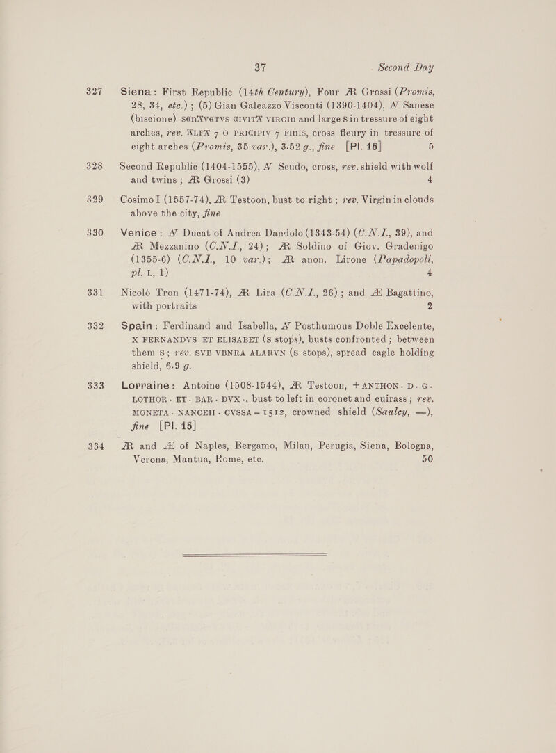327 328 329 330 331 332 333 334 37 _ Second Day Siena: First Republic (14th Century), Four M Grossi (Promis, 28, 34, etc.) ; (5) Gian Galeazzo Visconti (1390-1404), A’ Sanese (biscione) S€NAVATVS AIVITA vircin and large Sin tressure of eight arches, 7ev. ALFA 7 O PRIGIPIV 4 FINIS, cross fleury in tressure of eight arches (Promis, 35 var.), 3-52 9., fine [PI. 15] 5 Second Republic (1404-1555), A’ Scudo, cross, ev. shield with wolf and twins ; A Grossi (3) + Cosimo I (1557-74), MR Testoon, bust to right ; ev. Virgin in clouds above the city, jine Venice: NY Ducat of Andrea Dandolo (1343-54) (C_N.L, 39), and AR Mezzanino (C_N.L., 24); A Soldino of Giov. Gradenigo (1355-6) (C.N.J., 10 var.); M anon. Lirone (Papadopoli, Dliately 4 Nicolo Tron (1471-74), MR Lira (C_N.L., 26); and AL Bagattino, with portraits Ds Spain: Ferdinand and Isabella, 4’ Posthumous Doble Excelente, X FERNANDVS ET ELISABET (8 stops), busts confronted ; between them S; rev. SVB VBNRA ALARVN (s stops), spread eagle holding shield, 6.9 g. Lorraine: Antoine (1508-1544), AR Testoon, +ANTHON. D. G. LOTHOR. BT. BAR. DVX., bust to left in coronet and cuirass; rev. MGONETA- NANCEII-. CVSSA—1512, crowned shield (Saulcy, —), fine [PI. 15] Verona, Mantua, Rome, etc. 50   