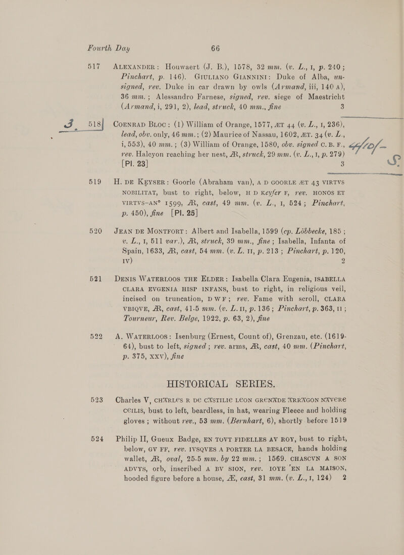 517 519 521 522 524 ALEXANDER: Houwaert (J. B.), 1578, 32 mm. (v. Z., 1, p. 240; Pinchart, p. 146). GruLIANO GIANNINI: Duke of Alba, wn- signed, rev. Duke in car drawn by owls (Armand, iii, 140 4), 36 mm.; Alessandro Farnese, signed, rev. siege of Maestricht (Armand, i, 291, 2), lead, struck, 40 mm., fine 3 &lt;/tyeete teeereec, CoENRAD Buoc: (1) William of Orange, 1577, aT 44 (v. L., 1, 236), lead, obv. only, 46 mm.; (2) Maurice of Nassau, 1602, aT. 34 (v. L., vev. Halcyon reaching her nest, A, struck, 29 mm. (v. L., 1, p. 279) [Pl. 23] 3 H. pe Keyser: Goorle (Abraham van), A D GOORLE £T 43 VIRTVS NOBILITAT, bust to right, below, HD Keyfer F, rev. HONOS ET VIRTVS-AN®° 1599, AR, cast, 49 mm. (v. L., 1, 5284; Pinchart, p. 450), fine [Pl. 25] JEAN DE MontFort: Albert and Isabella, 1599 (ep. Lébbecke, 185 ; v. L., 1, 511 var.), MR, struck, 39 mm., fine; Isabella, Infanta of Spain, 1633, AM, cast, 54 mm. (v. L. 11, p. 213; Pinchart, p. 120, IV) 2 DENIS WATERLOOS THE ELDER: Isabella Clara Eugenia, ISABELLA CLARA EVGENIA HISP INFANS, bust to right, in religious veil, incised on truncation, DWF; rev. Fame with scroll, CLARA VBIQVE, A, cast, 41-5 mm. (v. L.u, p. 136; Pinchart, p. 363, 1 ; Tourneur, Rev. Belge, 1922, p. 63, 2), fine A. WatERLOoOos: Isenburg (Ernest, Count of), Grenzau, etc. (161 9- 64), bust to left, signed ; rev. arms, M, cast, 40 mm. (Pinchart, p. 375, Xxv), fine HISTORICAL SERIES. Charles V, CHARLES R DE CASTILIE LEON GRENADE ARRAGON NAVERE CE€ILIS, bust to left, beardless, in hat, wearing Fleece and holding gloves ; without rev., 53 mm. (Bernhart, 6), shortly before 1519 Philip II, Gueux Badge, EN TOVT FIDELLES AV ROY, bust to right, below, GV FF, 7ev. IVSQVES A PORTER LA BESACE, hands holding wallet, A, oval, 25.5 mm. by 22 mm.; 1569. CHASCVN A SON ADVYS, orb, inscribed A BV SION, ev. IOYE ‘EN LA MAISON, hooded figure before a house, Al, east, 31 mm. (v. L.,1, 124) 2