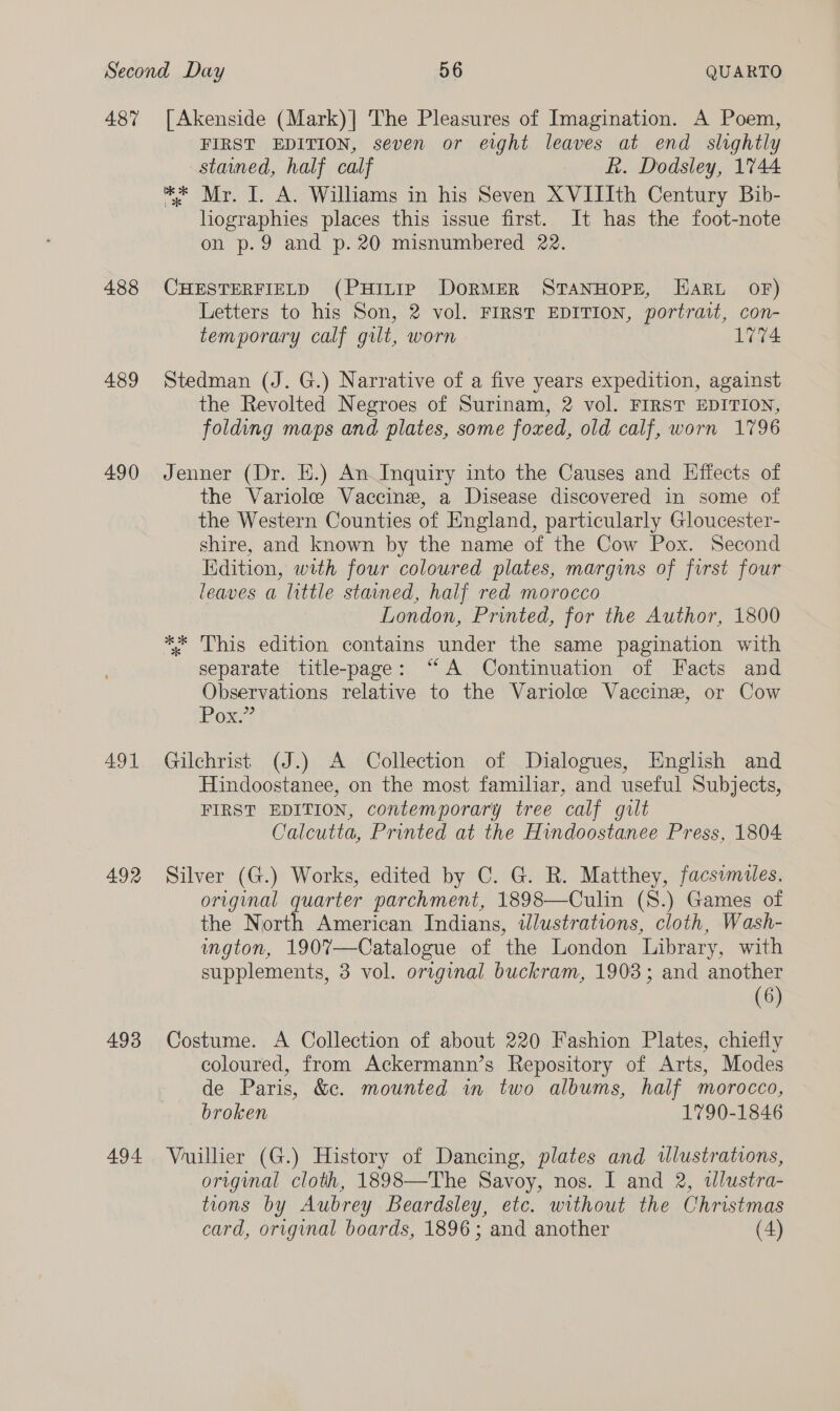 487 488 489 490 491 492 493 494 [ Akenside (Mark)| The Pleasures of Imagination. A Poem, FIRST EDITION, seven or eight leaves at end slightly stained, half calf R. Dodsley, 1744 ** Mr. I. A. Williams in his Seven XVIIIth Century Bib- hographies places this issue first. It has the foot-note on p.9 and p.20 misnumbered 22. CHESTERFIELD (PHILIP DORMER STANHOPE, Haru OF) Letters to his Son, 2 vol. FIRST EDITION, portrait, con- temporary calf gilt, worn 1774 Stedman (J. G.) Narrative of a five years expedition, against the Revolted Negroes of Surinam, 2 vol. FIRST EDITION, folding maps and plates, some foxed, old calf, worn 1796 Jenner (Dr. E.) An Inquiry into the Causes and Effects of the Variole Vaccine, a Disease discovered in some of the Western Counties of England, particularly Gloucester- shire, and known by the name of the Cow Pox. Second Edition, with four coloured plates, margins of first four leaves a little stained, half red morocco London, Printed, for the Author, 1800 ** This edition contains under the same pagination with separate title-page: “A Continuation of Facts and Observations relative to the Variole: Vaccine, or Cow Pox.” Gilchrist (J.) A Collection of Dialogues, English and Hindoostanee, on the most familiar, and useful Subjects, FIRST EDITION, contemporary tree calf gilt Calcutta, Printed at the Hindoostanee Press, 1804 Silver (G.) Works, edited by C. G. R. Matthey, facsimiles. original quarter parchment, 1898—Culin (S.) Games of the North American Indians, illustrations, cloth, Wash- imgton, 1907—Catalogue of the London Library, with supplements, 3 vol. original buckram, 1903; and another (6) Costume. A Collection of about 220 Fashion Plates, chiefly coloured, from Ackermann’s Repository of Arts, Modes de Paris, &amp;. mounted in two albums, half morocco, broken 1790-1846 Vuillier (G.) History of Dancing, plates and illustrations, original cloth, 1898—The Savoy, nos. I and 2, wlustra- tions by Aubrey Beardsley, etc. without the Christmas card, original boards, 1896; and another (4)