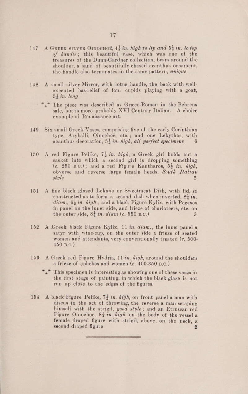 seth 147 A GREBK SILVER OINocHOE, 44 in. high to lip and 5% in. to top of handle; this beautiful vase, which was one of the treasures of the Dunn-Gardner collection, bears around the shoulder, a band of beautifully-chased acanthus ornament, the handle also terminates in the same pattern, unique 148 A small silver Mirror, with lotus handle, the back with well- executed bas-relief of four cupids playing with a goat, 54 in. long *,.* The piece was described as Greco-Roman in the Behrens sale, but is more probably XVI Century Italian. &lt;A choice example of Renaissance art. 149 Six small Greek Vases, comprising five of the early Corinthian type, Aryballi, Oinochoé, etc.; and one Lekythos, with acanthus decoration, 54 in. high, all perfect specimens 6 150 A red Figure Pelike, 74 in. high, a Greek girl holds out a easket into which a second girl is dropping something (c. 250 B.c.); and a red Figure Kantharos, 54 in. high, obverse and reverse large female heads, South Italian style d) 151 A fine black glazed Lekane or Sweetmeat Dish, with lid, so constructed as to form a second dish when inverted, 84 in. diam., 63 in. high; and a black Figure Kylix, with Pegasos in panel on the inner side, and frieze of charioteers, etc. on the outer side, 84 in. diam (c. 550 B.C.) 3 152 A .Greek black Figure Kylix, 11 72. diam., the inner panel a satyr with wine-cup, on the outer side a frieze of seated women and attendants, very conventionally treated (c. 500- 450 Bo.) 153 A Greek red Figure Hydria, 11 in. h¢gh, around the shoulders a frieze of ephebes and women (c. 400-350 B.c.) *,* This specimen is interesting as showing one of these vases in the first stage of painting, in which the black glaze is not run up close to the edges of the figures. 154 A black Figure Pelike, 74 cn. Aigh, on front panel a man with discus in the act of throwing, the reverse a man scraping himself with the strigil, good style; and an Etruscan red _ Figure Oinochoé, 84 in. high, on the body of the vessel a female draped figure with strigil, above, on the neck, a second draped figure 2