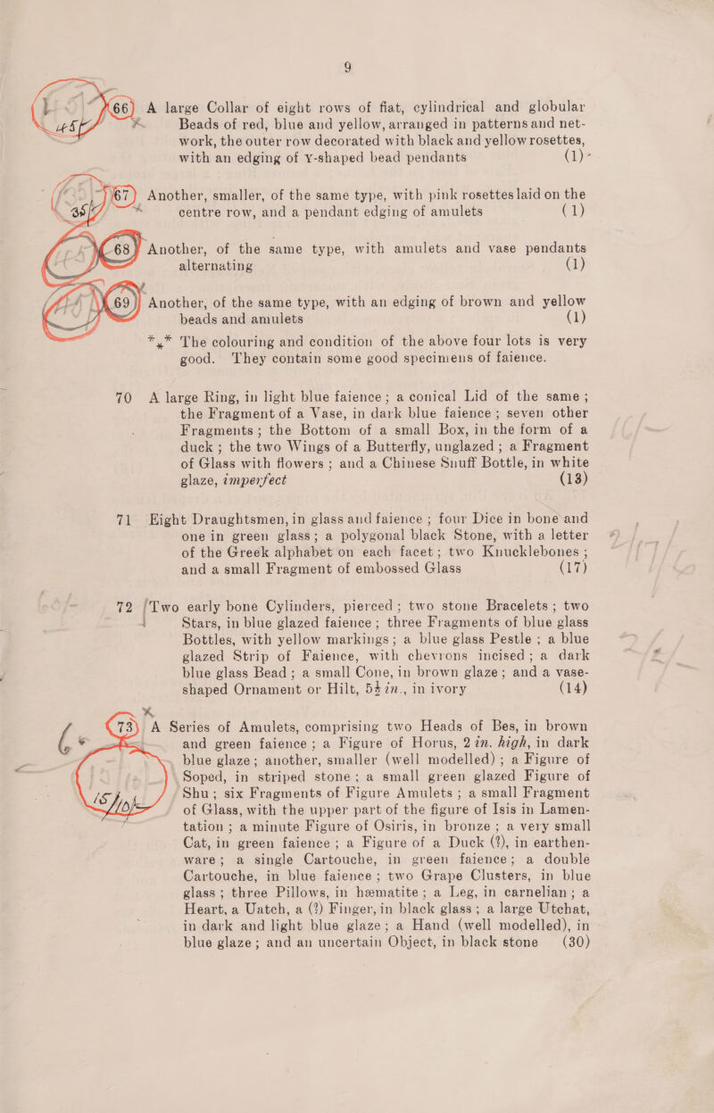 work, the outer row decorated with black and yellow rosettes, with an edging of y-shaped bead pendants (1)- Beis row, eae a pendant seins of eal C1) ) Another, of the same type, with amulets and vase pendants alternating (1) ‘Another, of the same type, with an edging of brown and yellow leek and amulets (1)  *.* The colouring and condition of the above four lots is very good. They contain some good specimens of faience. 70 A large Ring, in light blue faience; a conical Lid of the same ; the Fragment of a Vase, in dark blue faience ; seven other Fragments ; the Bottom of a small Box, in the form of a duck ; the two Wings of a Butterfly, unglazed ; a Fragment of Glass with flowers ; and a Chinese Snuff Bottle, in white glaze, amperfect (13) 71 Eight Draughtsmen, in glass and faience ; four Dice in bone and one in green glass; a polygonal black Stone, with a letter of the Greek alphabet on each facet; two Knucklebones ; and a small Fragment of embossed Glass (17) 72 /Two early bone Cylinders, pierced; two stone Bracelets ; two Stars, in blue glazed faience; three Fragments of Phe glass Bottles, with yellow ete a blue glass Pestle ; a blue glazed Strip of Faience, with chevrons incised; a dark blue glass Bead ; a small Cone, in brown glaze; and a vase- shaped Ornament or Hilt, 547n., in ivory (14) KA A Series of Amulets, comprising two Heads of Bes, in brown and green faience; a Figure of Horus, 27m. high, in dark blue glaze; another, smaller (well modelled) ; a Figure of Soped, in striped stone; a small green glazed Figure of Shu; six Fragments of Figure Amulets ; a small Fragment of Glass, with the upper part of the figure of Isis in Lamen- ? tation ; a minute Figure of Osiris, in bronze ; a very small Cat, in green faience ; a Figure of a Duck (2), in earthen- ware; a single Cartouche, in green faience; a double Cartouche, in blue faience; two Grape Clusters, in blue glass; three Pillows, in hematite; a Leg, in carnelian; a Heart, a Uatch, a (2) Finger, in black glass; a large Utchat, in dark and light blue glaze; a Hand (well modelled), in - blue glaze; and an uncertain Object, in black stone (30) 