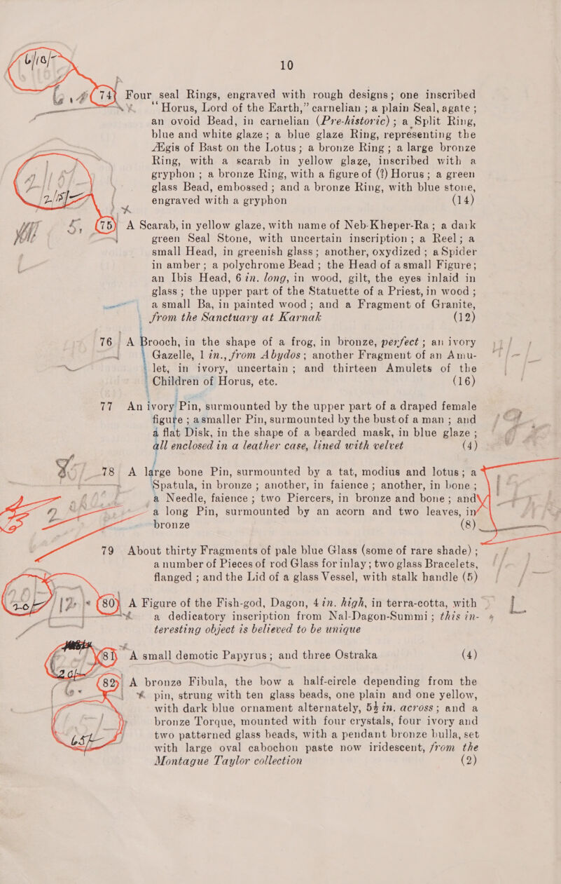 | Four Seal Rings, engraved with rough designs ; one inscribed ‘Horus, Lord of the Earth,” carnelian ; a plain Seal, agate ; an Aadid Bead, in ae (Pre-historic) ; a Split Ring, blue and white ae a blue glaze Ring, eunesen line the A&amp;gis of Bast on the Lotus; a bronze Ring; a large bronze Ring, with a scarab in yellow glaze, inscribed with a gryphon ; a bronze Ring, with a figure of (2) Horus; a green glass Bead, embossed ; and a bronze Ring, with blue stone, engraved with a gryphon (14)   } A Scarab, in yellow glaze, with name of Neb-Kheper-Ra; a ae green Seal Stone, with uncertain inscription; a Reels small Head, in Saree glass; another, oxydized ; a Spider er in amber; a polychrome Bead ; the Heat of asmall Figure; an Ibis Head, 6 in. long, in wood, gilt, the eyes inlaid in glass ; the upper part of the Statuette of a Priest, in wood ; a= a small Ba, in painted wood; and a Fragment of Granite, _ from the Sanctuary at Karnak (12) 76 =A Brooch, in the shape of a frog, in bronze, perfect ; an ivory | Gazelle, 1 in., from Abydos ; another Fragment of an Amu- \ | aye in ivory, uncertain; and thirteen Amulets of the Children of Horus, ete. (16) ie AN ait fit surmounted by the upper part of a draped female por figure ; asmaller Pin, surmounted by the bustof aman; and | wa a flat Disk, in the shape of a bearded mask, in blue aes all enclosed in a leather case, lined with velvet (4) fe 18; A Par bone Pin, surmounted by a tat, modius and lotus; a i: Spatula, in bronze ; another, in faience ; another, in bone ; : a Needle, faience ; two Piercers, in bronze and bone; and n .*— a long Pin, surmounted by an acorn and two leaves, i1 setae bronze (8)         79 About thirty Fragments of pale blue Glass (some of rare shade) ; a number of Pieces of rod Glass for inlay; two glass Bracelets, ©. flanged ; and the Lid of a glass Vessel, with stalk handle (5) our % U 80), A Figure of the Fish-god, Dagon, 4in. high, in terra-cotta, with fs ae ermasetel. a dedicatory inscription from Nal-Dagon-Summi; this in- « - hii 73 : teresting object is believed to be unique (4) “ pin, strung with ten glass bind’. one plain and one yellow, with dark blue ornament Aloctintely: 54in. across; and a bronze Torque, mounted with four crystals, four ivory and two patterned glass beads, with a pendant bronze bulla, set with large oval cabochon paste now iridescent, from the Montague Taylor collection (2)