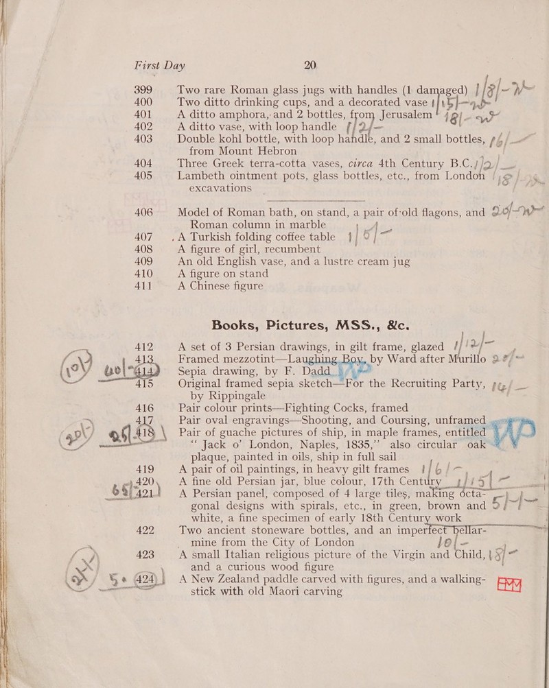  400 Two ditto drinking cups, and a decorated vase | 1b ]—. aS 401 A ditto amphora, and 2 bottles, sae Jerusalem * 4 Bl- ant 402 A ditto vase, with loop handle //2 of 403 Double koh bottle, with loop handle, and 2 small bottles, (6 from Mount Hebron 404 Three Greek terra-cotta vases, circa 4th Century B.C.//2/ A405 Lambeth ointment pots, glass bottles, etc., from Londra. | excavations 399 Two rare Roman glass jugs with handles (1 se tl aa “f s: Ve i's 47 i  406 Model of Roman bath, on stand, a pair of-old flagons, and 20)“ 4 Roman column in marble 1 A 407 .A Turkish folding coffee table 4/0 /™~ 408 A figure of girl, recumbent 409 An old English vase, and a lustre cream jug 410 A figure on stand 411 A Chinese figure Books, Pictures, MSS., &amp;c. ) 412 A set of 3 Persian drawings, in gilt frame, glazed y Ii a { Cy Nee Framed mezzotint—La | by Ward after Murillo 2 of fe Li 5s pola Sepia drawing, by F. Dadd_iy xa 4l5 Original framed sepia sketch—-For the Recruiting Party, ig/— by Rippingale 416 Pair colour prints—Fighting Cocks, framed ~ A\7 Pair oval engravings—Shooting, and Coursing, unframed ..—¢ lv, a6 4 \ Bair or guache pictures of ship, in maple frames, entitled — y ean Ee “Jack o’ London, Naples, 1835,’ also circular oak plaque, painted in oils, ship in full sail 419 A pair of oil paintings, in heavy gilt frames | | bin wp 420 A fine old Persian jar, blue colour, 17th Century a i4 iy Ra iain S421) A Persian panel, composed of 4 large tiles, making décta- 7 gonal designs with spirals, etc., in green, brown and 5H s white, a fine specimen of early 18th Century work . 422 Two ancient stoneware bottles, and an I bellar- - ve JvemesirOm. the, Citys or London VO | a 423 A small Italian religious picture of the Virgin and Chics Ee [xX] SCG gh and a curious wood figure Py Qe 295 A New Zealand paddle carved with figures, and a walking- Aa = stick with old Maori carving   ad 