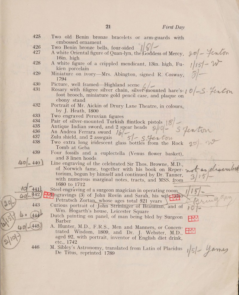 425 Two old Benin bronze bracelets or arm-guards with embossed ornament ee ey, 426 Two Benin bronze bells, four-sided iH yin / 427 A white Oriental figure of Quan-lyn, the Goddess of Mercy, gO] = 16in. high be ae 428 A white figure of a crippled mendicant, 13in. high, Fu- | iY ie Ww kien porcelain 4 429 Miniature on ivory—Mrs. Abington, signed R: Cosway, On SIO ¥ C7 tty J 1794 430 Picture, well framed—Highland scene tos Pe ae ve 43] Rosary with filigree silver chain, silver¢-mounted hare’s- | O/wS . ftatnu, foot brooch, miniature gold pencil case, and plaque on ebony stand 432 Portrait of Mr. Aickin of Drury Lane Theatre, in colours, by J. Heath, 1800 433 Two engraved Peruvian figures 434 Pair of silver-mounted Turkish flintlock pistols | /— ? i y 435 Antique Indian sword, and 2 spear heads QO | Sen Pron 436 An Andrea Ferrara sword lo/— ‘ byt bed | fei So Br: 437 Zulu shield, and 2 assegais ' 47 S$ Healer ae 438 Two extra long iridescent glass bottles from the Rock MO} YW Tomb at Geba 439 Four fossils and a euplectella (Venus flower basket), f and 3 linen hoods py ime nena +e an pd}. 440 \ Line engraving of the celebrated Sir Thos. Browne, M.D., f- £8 congue an of Norwich fame, together with his book on Reper- natin plracutd torium, begun by himself and continued by Dr. Tanner, 2, | } ej}. with numerous marginal notes, tracts, and MSS. from “/. / 1680 to 1712 pees ngravings (3) of John Rovin and Sarah, his wile aiyos Petratsch Zortan, whose ages total 521 years pb terens F Curious portrait of John Strininger of Brainrat, and of Te ce Wm. Hogarth’s house, Leicester Square . Dutch painting on panel, of man being bled by Surgeon AM Steel engraving of a surgeon magician in operating room, | / / 5] - paths sei cae initia) é Now f&gt; f » A 3 ; Barber A. Hunter, M.D., F.R.S., Men and Manners, or Concen- trated Wisdom, 1809, and Dr. Jee Webster, .M.D., aged 92, with portrait, inventor of English diet drink,   etc.,.1742 : | M. Sibley’s Astronomy, translated from Latin of Placidus i of BP yj Mr heg | De Titus, reprinted 1789 y? J f |  ie