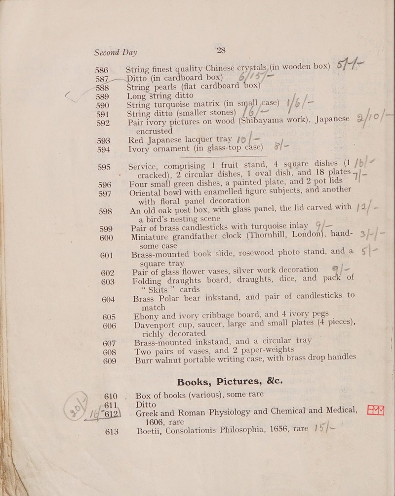 586 String finest quality Chinese crystals, (in wooden box) | 57 ~} Xi 587.—~Ditto (in cardboard box) 6// 4 588 tring pearls (flat cardboard box)  &lt; 589 Long String ditto hear 590 String turquoise matrix (in small case) (bh /- 591 String ditto (smaller stones) / @/ piel i ae 592 Pair ivory pictures on wood (Shibayama work), Japanese 9/19 /&gt; encrusted , / 593 Red Japanese lacquer tray {9 / = 594 Ivory ornament (in glass-top Cabe), at 595 Service, comprising 1 fruit stand, 4 square dishes (1 /} cracked), 2 circular dishes, 1 oval dish, and 18 plates i 596 Four small green dishes, a painted plate, and 2 pot lids j oo / Oriental bowl with enamelled figure subjects, and another with floral panel decoration | 598 An old oak post box, with glass panel, the lid carved with /2/ - | a bird’s nesting scene Hi &lt; } j “ ' Sepa) Pair of brass candlesticks with turquoise inlay 9/— 600 Miniature grandfather clock (Thornhill, London), hand- 3/«/ = some case — 4 601 Brass-mounted book slide, rosewood photo stand, anda §|@ ; square tray x. 602 Pair of glass flower vases, silver work decoration j= 603 Folding draughts board, draughts, dice, and pack of “ Skits’ cards | 604 Brass Polar bear inkstand, and pair of candlesticks to match 605 Ebony and ivory cribbage board, and 4 ivory pegs G06 Davenport cup, saucer, large and small plates (4 pieces), richly decorated : 607 Brass-mounted inkstand, and a circular tray © 608 Two pairs of vases, and 2 paper-weights | 609 Burr walnut portable writing case, with brass drop handles Books, Pictures, &amp;c. 610 Box of books (various), some rare ov 7 Sll Ditto to 0 \ Greek and Roman Physiology and Chemical and Medical, AMY | 1606, rare 2 Boetii, Consolationis Philosophia, 1656, rare ]4/~  {  