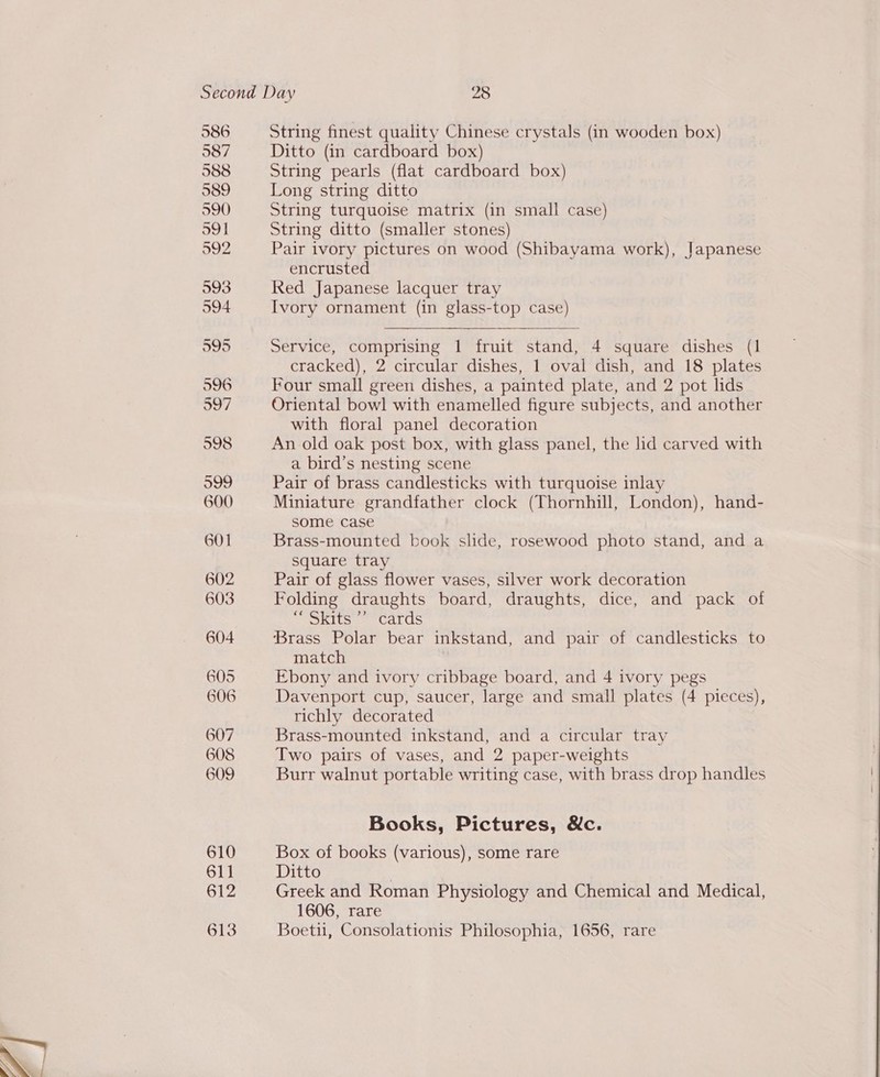 586 987 588 589 590 991 992 993 994 995 596 997 String finest quality Chinese crystals (in wooden box) Ditto (in cardboard box) String pearls (flat cardboard box) Long string ditto String turquoise matrix (in small case) String ditto (smaller stones) Pair ivory pictures on wood (Shibayama work), Japanese encrusted Red Japanese lacquer tray Ivory ornament (in glass-top case) Service, comprising | fruit stand, 4 square dishes (1 cracked), 2 circular dishes, 1 oval dish, and 18 plates Four small green dishes, a painted plate, and 2 pot lids Oriental bowl with enamelled figure subjects, and another with floral panel decoration An old oak post box, with glass panel, the lid carved with a bird’s nesting scene Pair of brass candlesticks with turquoise inlay Miniature grandfather clock (Thornhill, London), hand- some case Brass-mounted book slide, rosewood photo stand, and a square tray Pair of glass flower vases, silver work decoration Folding draughts board, draughts, dice, and pack of RT Cals ‘Brass Polar bear inkstand, and pair of candlesticks to match Ebony and ivory cribbage board, and 4 ivory pegs Davenport cup, saucer, large and small plates (4 pieces), richly decorated Brass-mounted inkstand, and a circular tray Two pairs of vases, and 2 paper-weights Burr walnut portable writing case, with brass drop handles Books, Pictures, &amp;c. Box of books (various), some rare Ditto Greek and Roman Physiology and Chemical and Medical, 1606, rare Boetii, Consolationis Philosophia, 1656, rare