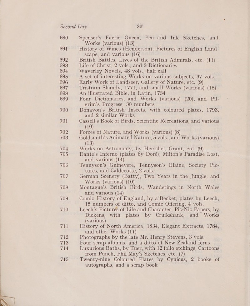  690 691 692 693 694 695 696 697 698 699 700 701 702 703 704 705 706 707 708 Spenser's Faerie Queen, Pen and Ink Sketches, and Works (various) (13) History of Wines (Henderson), Pictures of English Land scape, and various (16) British Battles, Lives of the British Admirals, etc. (11) Life of Christ, 2 vols., and 3 Dictionaries Waverley Novels, 48 vols., half calf A set of interesting Works on various subjects, 37 vols. Early Work of Landseer, Gallery. of Nature, etc. (9) Tristram Shandy, 1771, and'small Works (various) (18) An illustrated Bible, in Latin, 1734 Four Dictionaries, and Works (various) (20), and Pil- grim’s Progress, 30 numbers Donavon’s British Insects, with coloured plates, 1793, ‘ and 2 similar Works Cassell’s Book of Birds, Scientific Recreations, and various (10) Forces of Nature, and Works (various) (8) Goldsmith’s Animated Nature, 5 vols., and Works (various) (13) Works on Astronomy, by Herschel, Grant, etc. (9) Dante’s Inferno (plates by Doré), Milton’s Paradise Lost, and various (14) Tennyson's Guinevere, Tennyson’s Elaine, Society Pic- tures, and Caldecotte, 2 vols. German Scenery (Batty), Two Years in the Jungle, and Works (various) (10) Montague’s British Birds, Wanderings in North Wales and various (14) | Comic History of England, by a Becket, plates by Leech, 15 numbers of ditto, and Comic Offering, 4 vols. Leech’s Pictures of Life and Character, Pic-Nic Papers, by Dickens, with plates by Cruikshank, and Works (various) History of North America, 1834, Elegant Extracts, 1784, and other Works (11) Photographs by the late Mr. Henry Stevens, 3 vols. Four scrap albums, and a ditto of New Zealand ferns Luxurious Baths, by Tuer, with 12 folio etchings, Cartoons from Punch, Phil May’s Sketches, etc. (7) Twenty-nine Coloured Plates by Cynicus, 2 books of autographs, and a scrap book