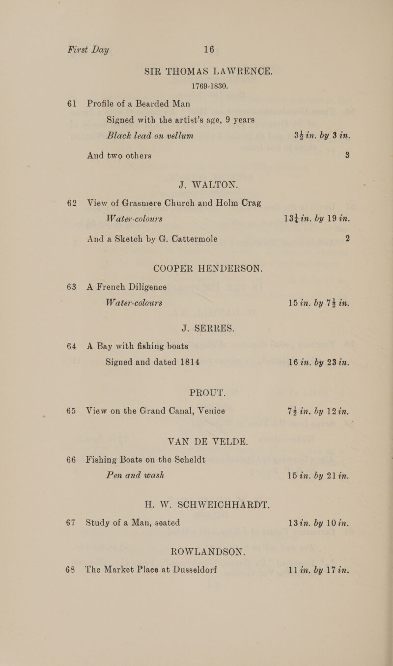 62 63 64 65 66 67 68 1769-1830. Signed with the artist’s age, 9 years Black lead on vellum And two others J. WALTON. View of Grasmere Church and Holm Crag Water-colours And a Sketch by G. Cattermole COOPER HENDERSON. A French Diligence Water-colours J. SERRES. A Bay with fishing boats Signed and dated 1814 PROUT, View on the Grand Canal, Venice VAN DE VELDE. Fishing Boats on the Scheldt Pen and wash H. W. SCHWEICHHARDT. Study of a Man, seated ROWLANDSON. The Market Place at Dusseldorf 3hin. by 31n. 3 134 in. by 19 in. 2 15 in. by 74 in. 16 in. by 23 in. Thin. by 12in. 15 in. by 21in. 132n. by 107n. llin. by 17in.