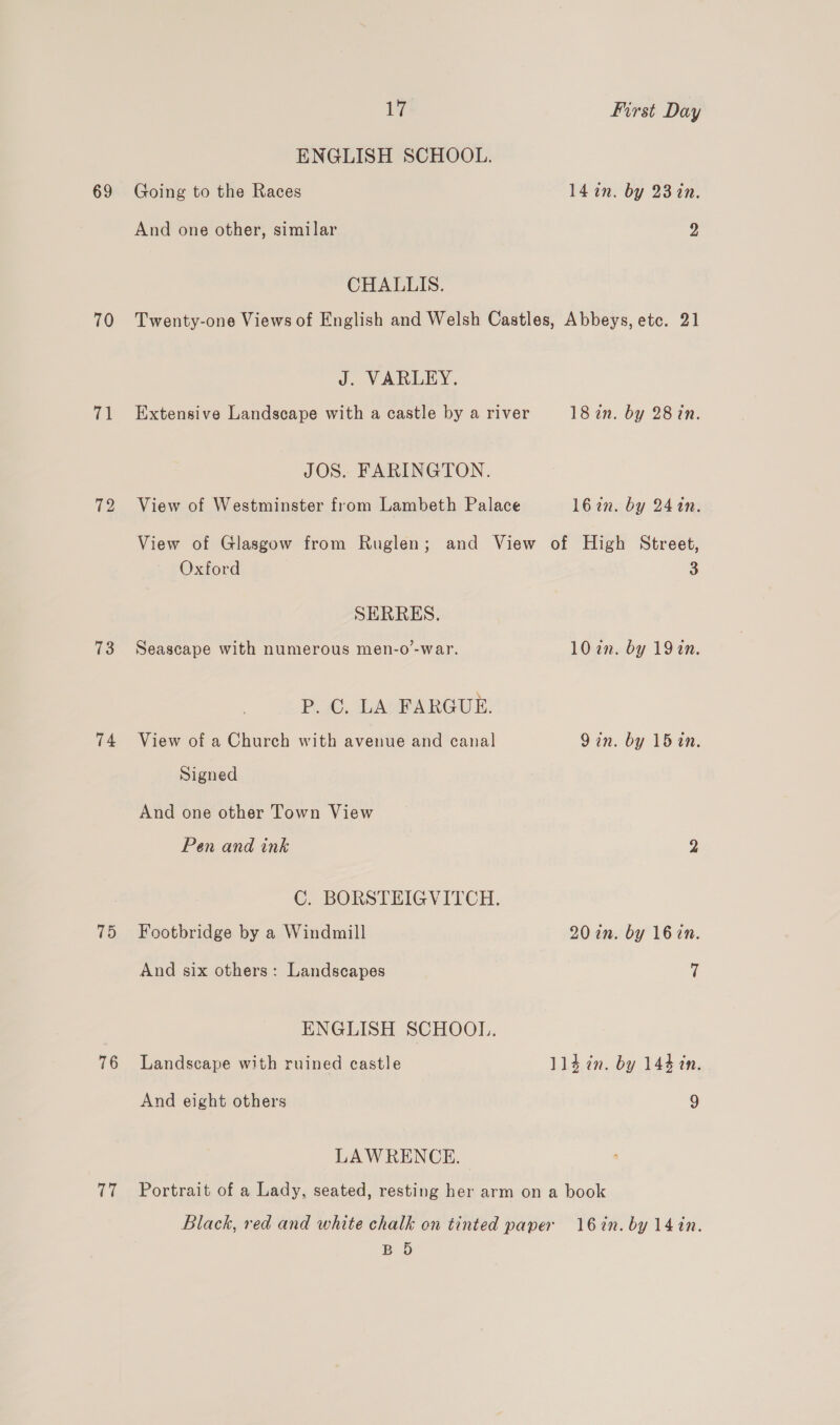 69 70 71 72 73 74 75 76 ti 17 First Day ENGLISH SCHOOL. Going to the Races 14 an. by 23 in. And one other, similar 2 CHALLIS. Twenty-one Views of English and Welsh Castles, Abbeys, etc. 21 J. VARLEY. Extensive Landscape with a castle by a river 18 in. by 287n. JOS. FARINGTON. View of Westminster from Lambeth Palace 1622. by 241n. View of Glasgow from Ruglen; and View of High Street, Oxford 3 SERRES. Seascape with numerous men-o’-war. 10 2n. by 19 in. P. C. LA FARGUE. View of a Church with avenue and canal 9in. by 15 in. Signed And one other Town View Pen and ink 2 C. BORSTEIGVITCH. Footbridge by a Windmill 20 in. by 16 in. And six others: Landscapes 7 ENGLISH SCHOOL. Landscape with ruined castle 114 in. by 143 %n. And eight others 9 LAWRENCE. Portrait of a Lady, seated, resting her arm on a book Black, red and white chalk on tinted paper 16%n. by 14 in. B 5